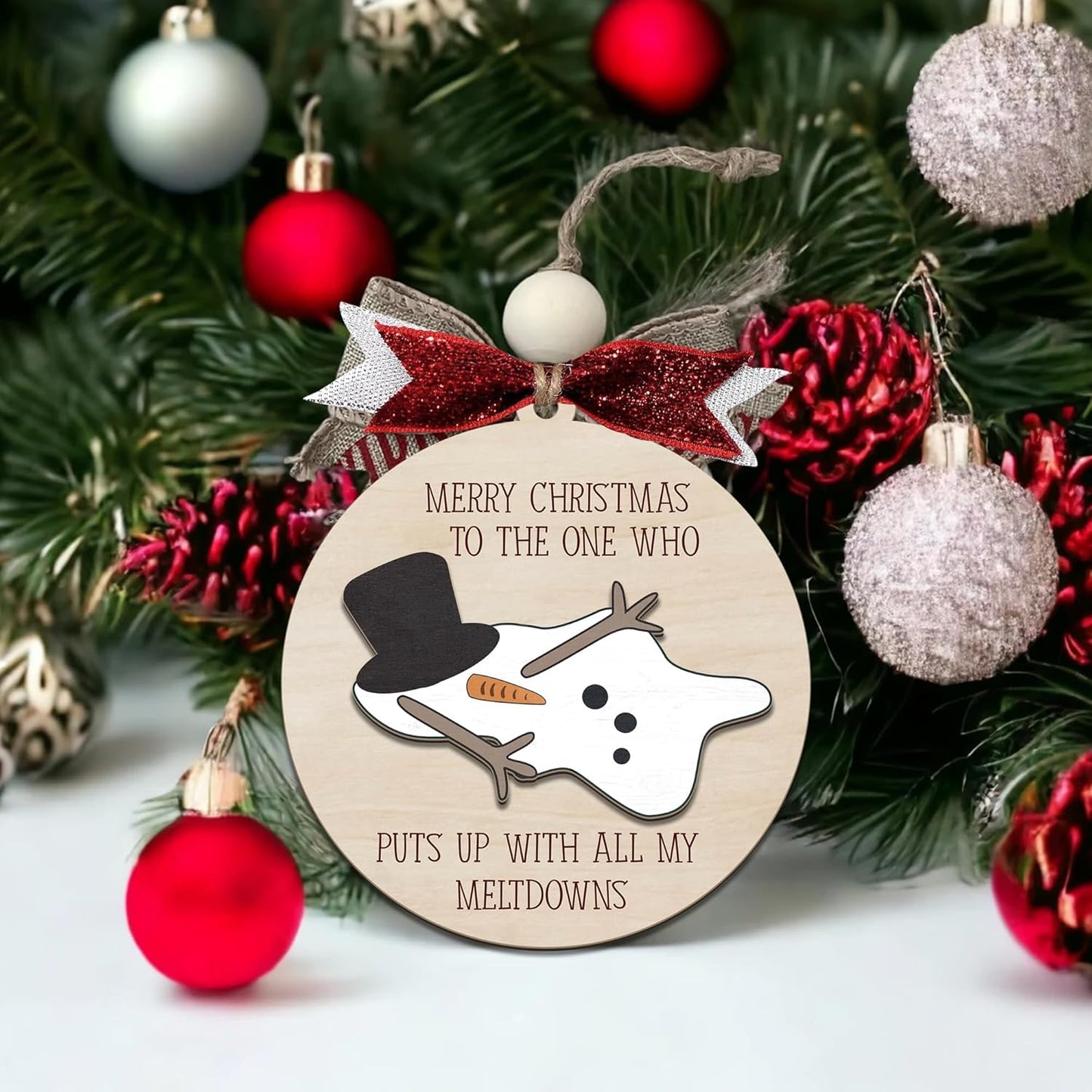 Funny Christmas Ornament โ Snowman Meltdown Quote Wooden Round Tree Decoration, Hilarious Gift for Wife Husband Friends, White Elephant & Secret Santa Gift Exchange Holiday Ornament