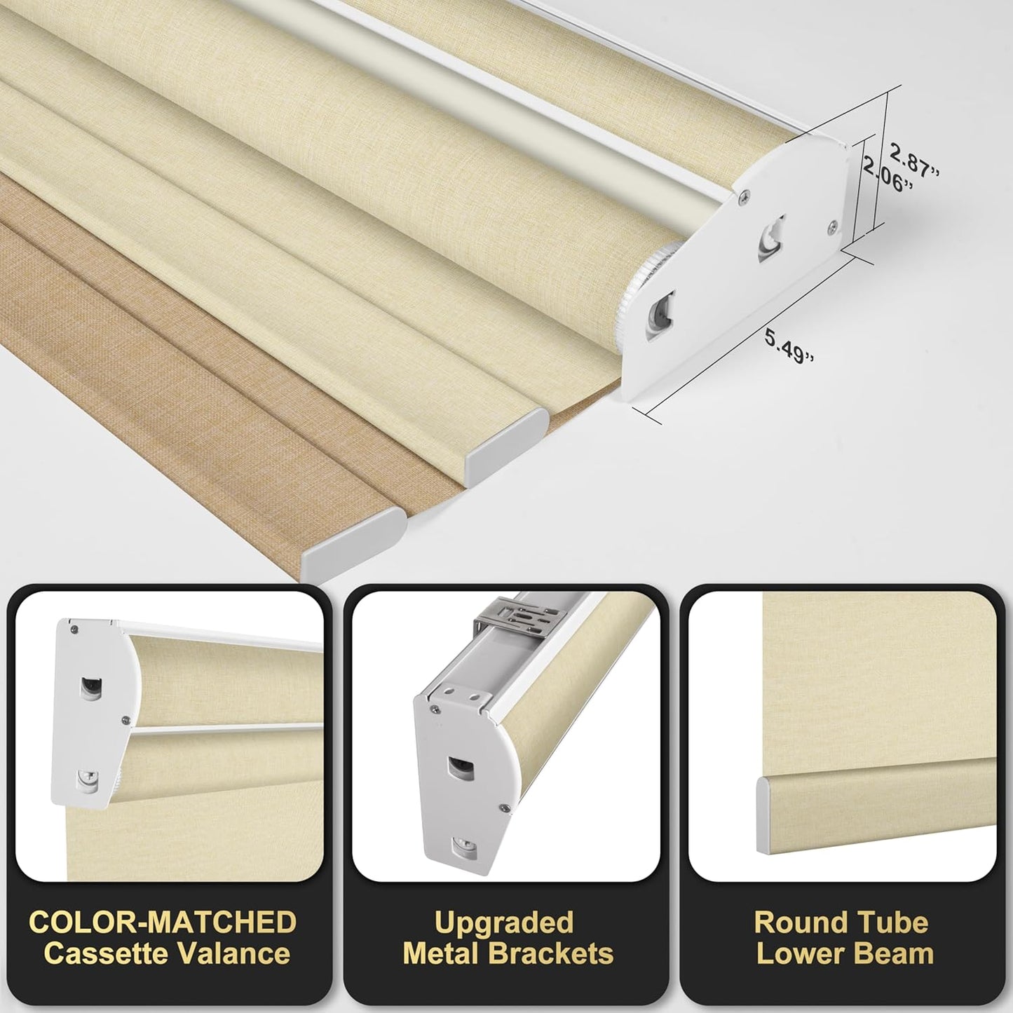 BERISSA Dual Roller Shades with Cassette Valance, Blackout and Light Filtering, Day and Night Shades for Home Office Door. Linen Beige. 37 W x 44" H