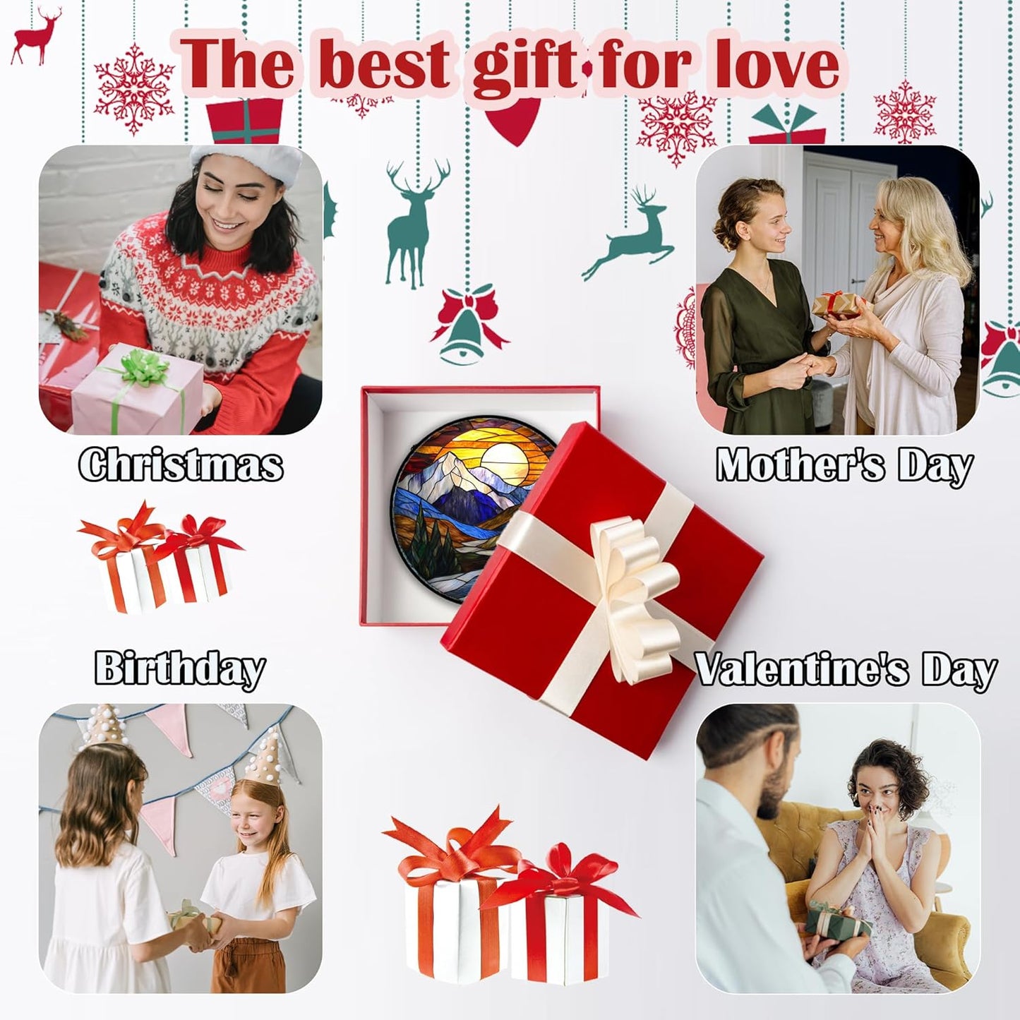 Stained Glass Window Hanging, Yellow Blue Sunset Mountains Scenery Sun Catcher for Window Home Decor Landscape Suncatcher Mother's Day Birthday Gifts for Women Men Mom and Nana 6.3 in