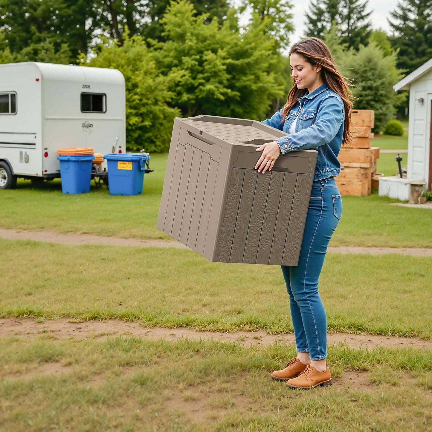 Devoko 30 Gallon Resin Deck Box 2 Pack Outdoor Indoor Waterproof Storage Box for Patio Furniture Pool Accessories Storage for Cushion Garden Tools (Light Brown, 2 Pack)