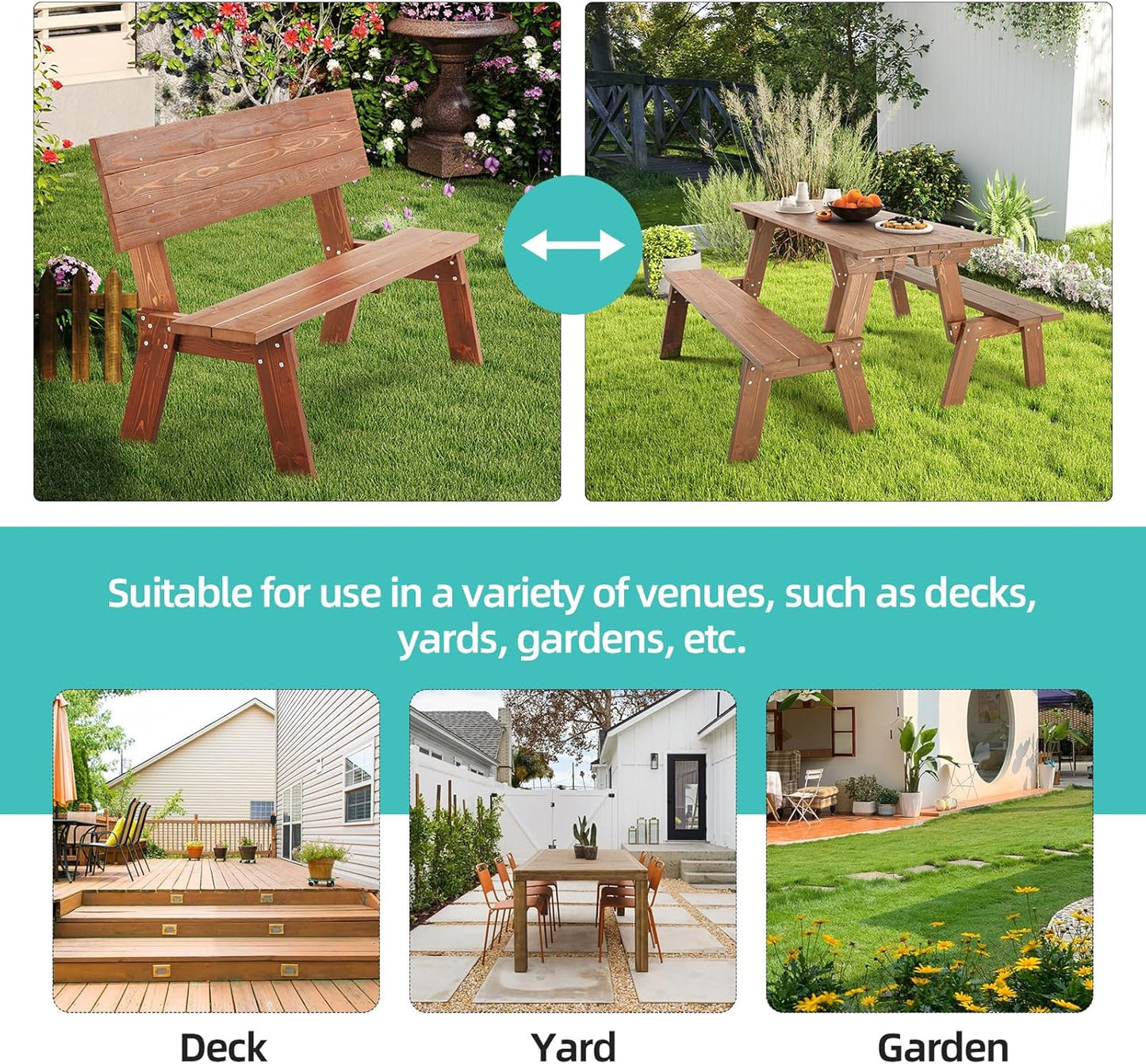 AVAWING Outdoor Convertible Wood Bench with Backrest, Patio Wood Convert a Bench, Space-Saving 2-in-1 Picnic Table Chairs Set for Backyard, Porch, Patio, Garden, Brown