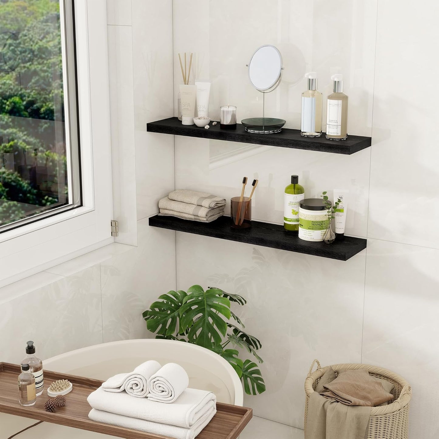 Fun Memories Floating Shelves for Wall, 30" Rustic Wood Deep Wall Mounted Shelves with Invisible Brackets for Decor & Storage, Floating Shelf for Living Room, Bathroom (Black, Set of 2)