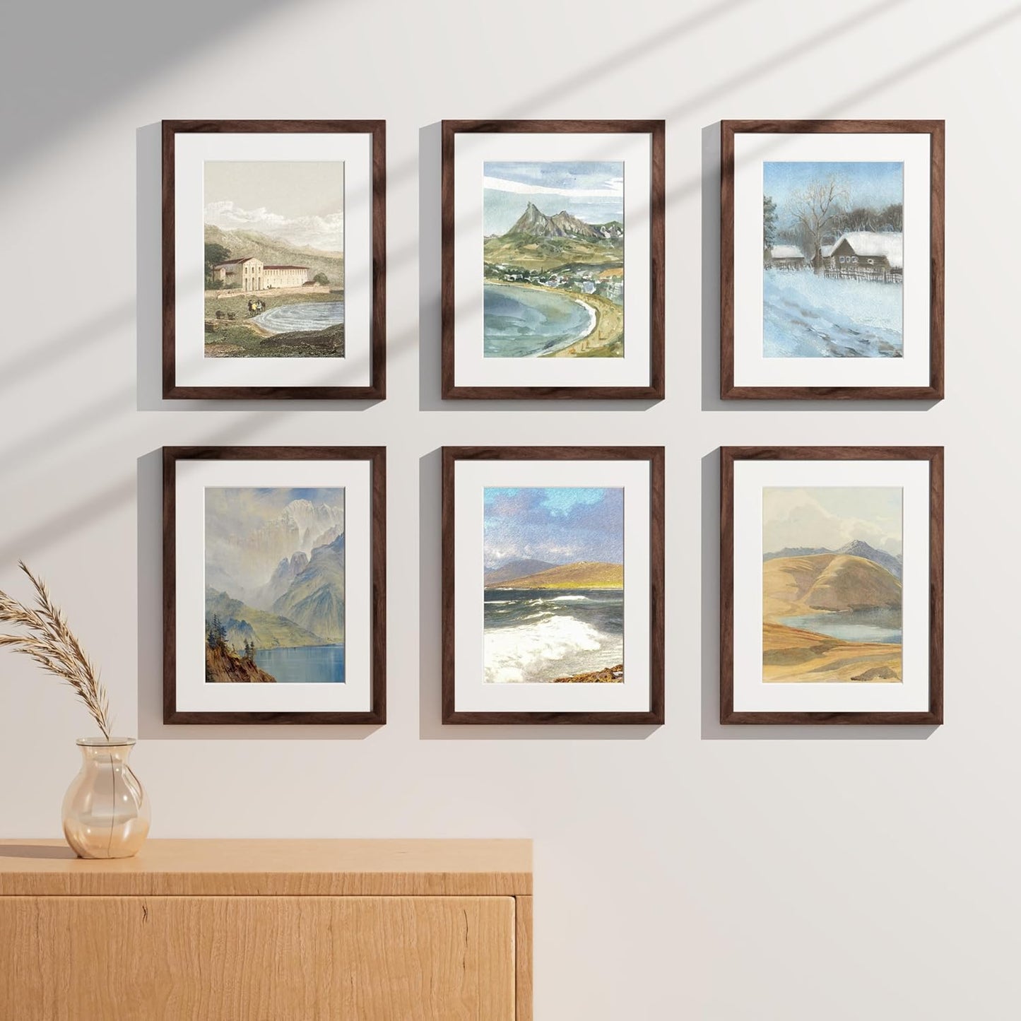 Vittanly 11x14 Picture Frames Set of 9, Shatter Resistant Plexiglass, Display 8x10 Pictures with Mat or 11x14 without Mat, Photo Frames for Wall or Tabletop, Engineered Wood, Walnut