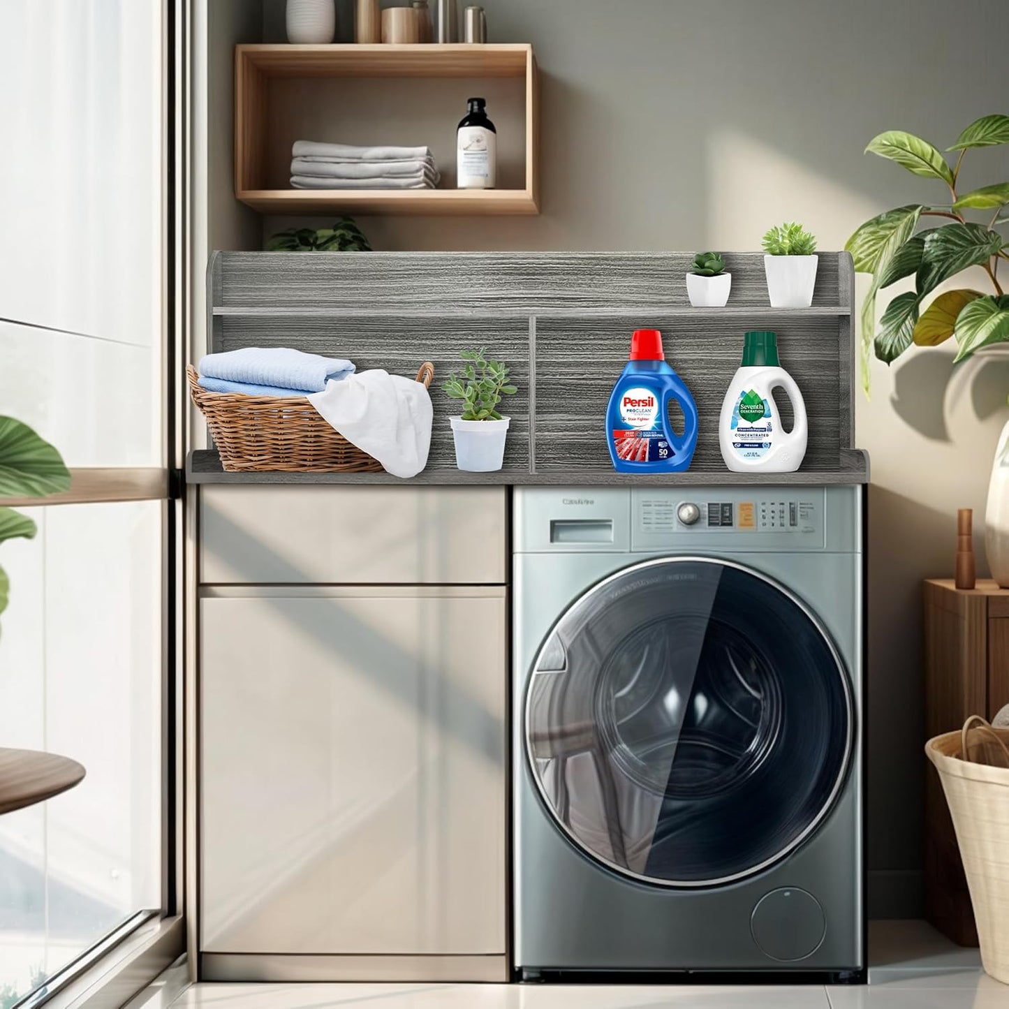 Royxen 2-Tier Washer Dryer Countertop,19.5"H Wood Washer and Dryer Topper with Shelf,Laundry Countertop Over Washer and Dryer, Universal Fit for Laundry Room Organization (Eucalyptus, 54"W X 27.5"D)