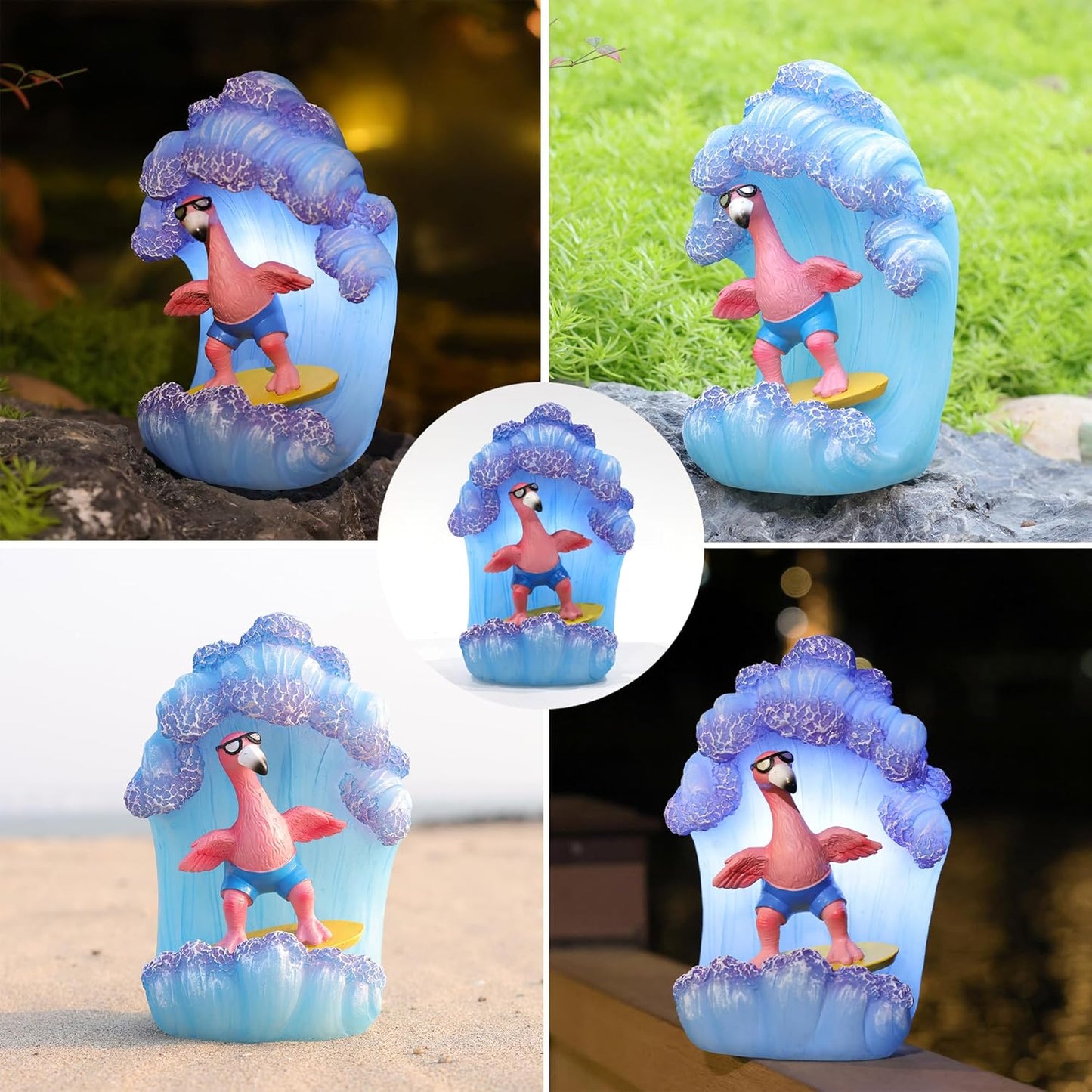 Pink Flamingos for Yard-Garden Statues Solar Decor - Surfing Hawaii Beach Yard Art Light up Sea Wave Outdoor Decor for Patio Lawn Yard