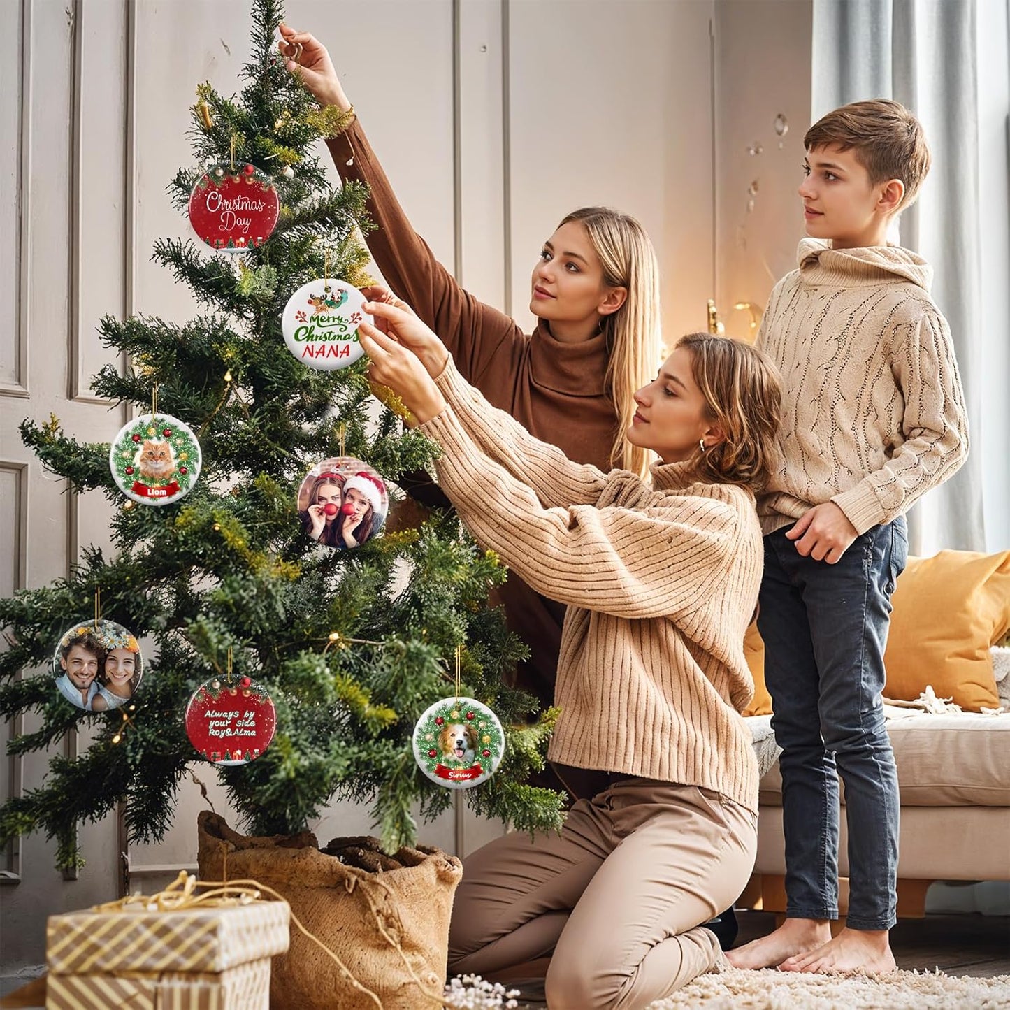 Personalized Christmas Ornaments 2025 - Custom Double-Sided Photo Ceramic Xmas Tree Hanging Decor, Unique for Family Friends (A03-Ceramic Style)