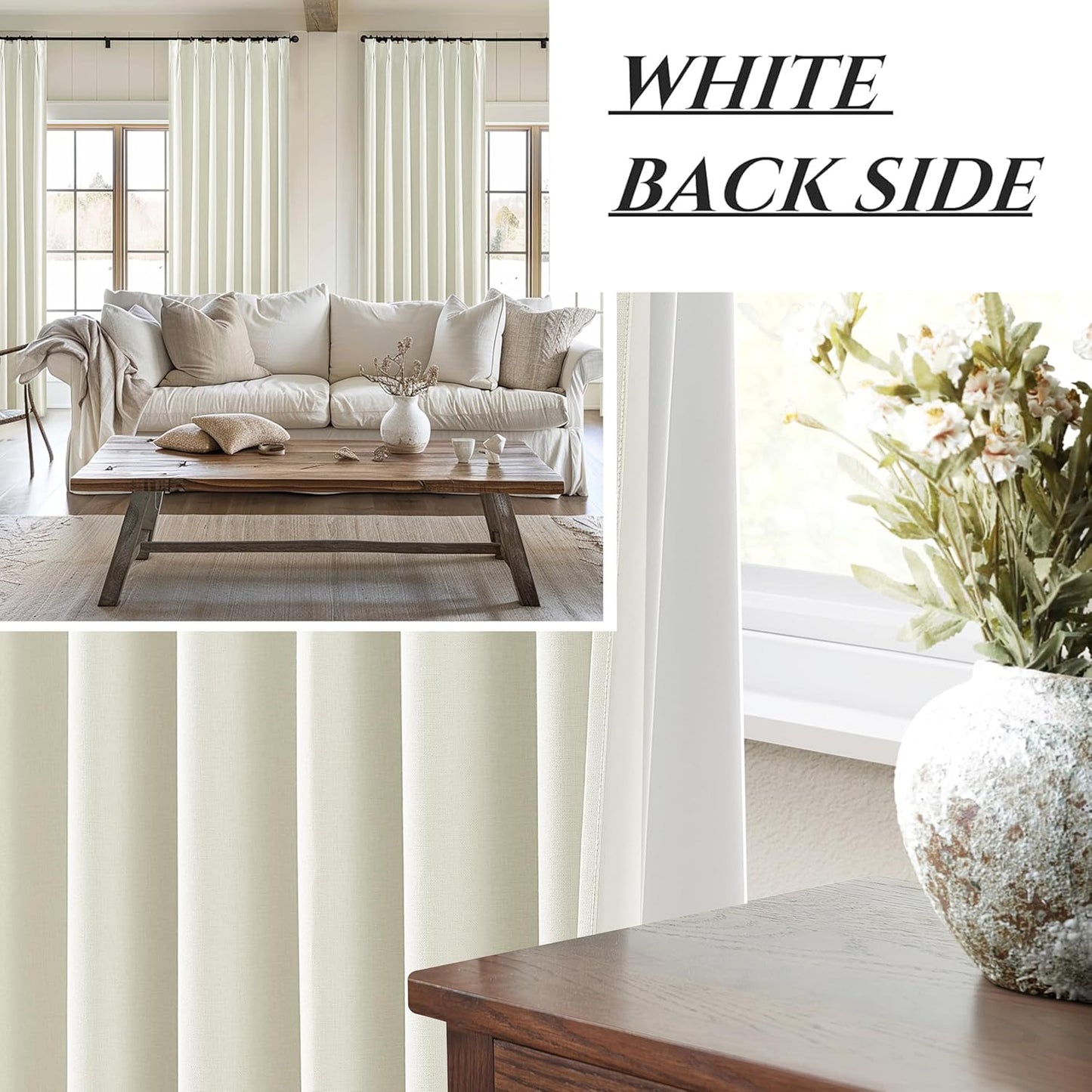 Ivory White Pinch Pleated Complete Blackout Curtains & Drapes 120 Inches Long 2 Panels Set, Flax Linen Room Darkening Soundproof Window Curtain for Bedroom/Living Room Track System(40"Wx120"L)
