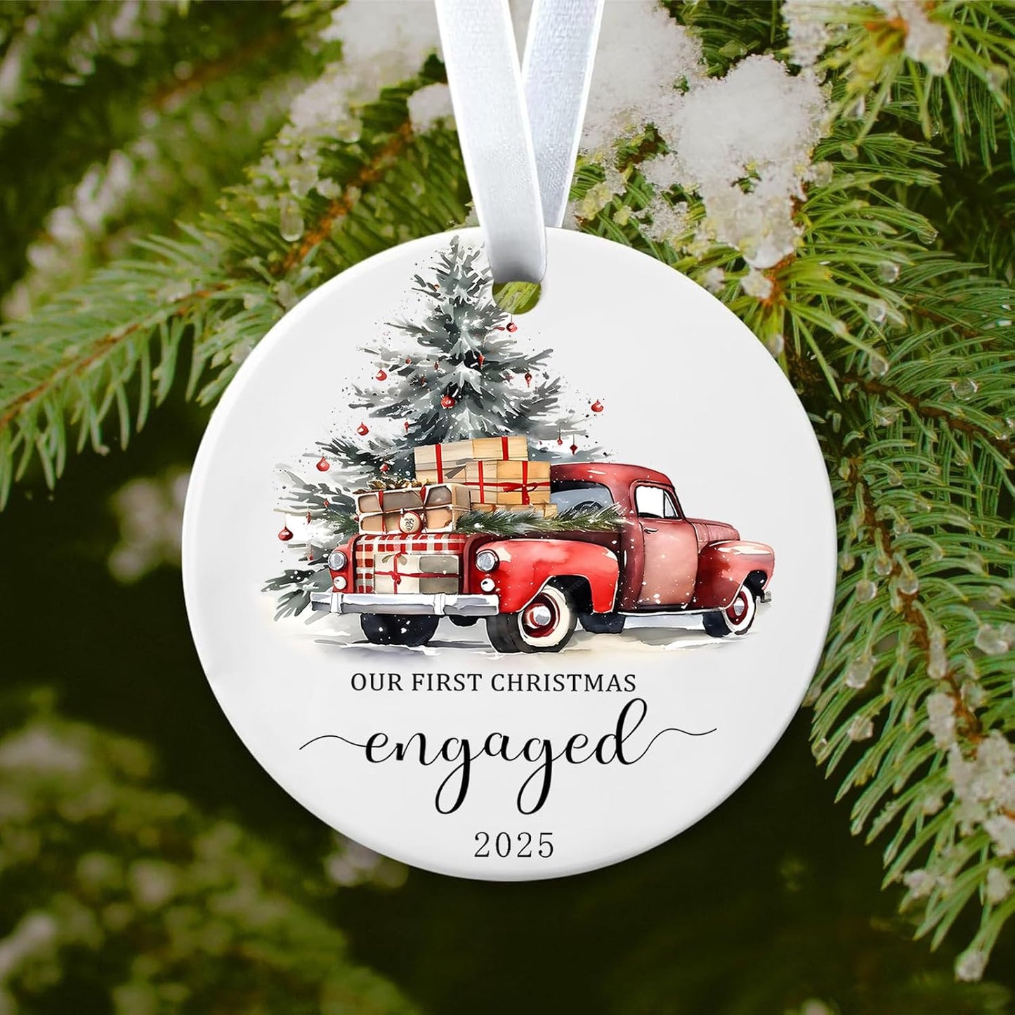 Christmas Ornaments 2025 Our First Christmas Engaged Ornament 2025 Engagement Gifts for Couples Xmas Gifts Newly Engaged Couples Hanging Decorations for Bride to Be Friends 3Inch Ceramic