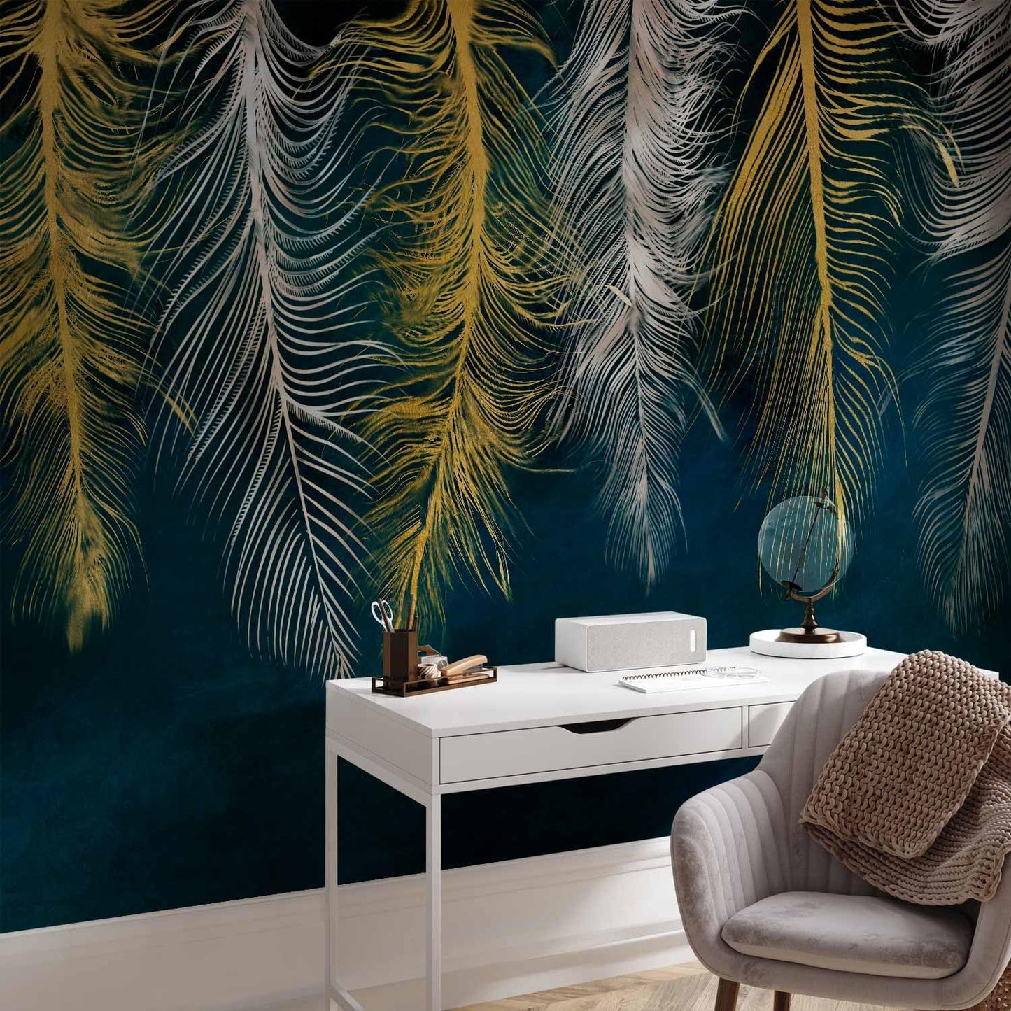 artgeist Wall Mural Feather 154x110 in - XXL Peel and Stick Self-Adhesive Wallpaper Removable Large Sticker Foil Wall Decor Print Picture Image Design Abstract Beige Navy Blue b-A-0812-a-a