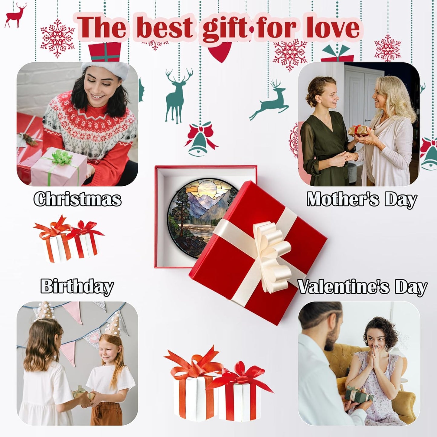 Stained Glass Window Hanging, Sunset Mountains Lake Tree Sun Catcher for Window Home Decor Landscape Suncatcher Mother's Day Birthday Gifts for Women Men Mom and Nana 6.3 in