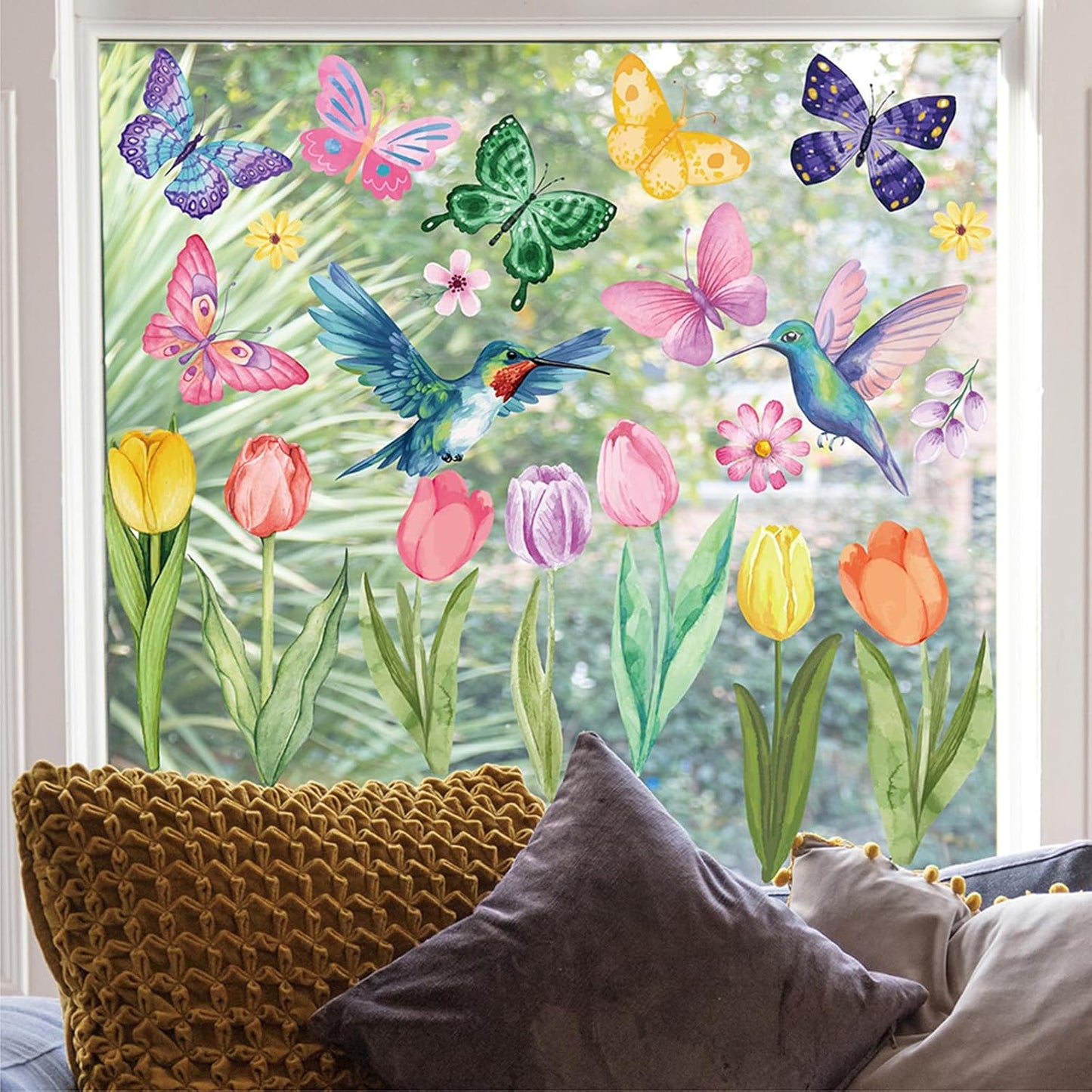 83 PCS Summer Window Clings Spring Flower Window Stickers Decorations for Glass Windows, Easter Tulip Butterfly Flower Window Decals