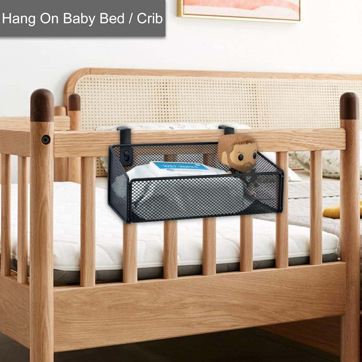 Bedside Caddy Hanging Storage Basket Beside Shelf Metal Organizer for Collage Dorm Bunk Bed,Hospital Bed,Baby Bed - Bedroom Essentials for Magazine,Remote Control,Phone,Drinks (Black)