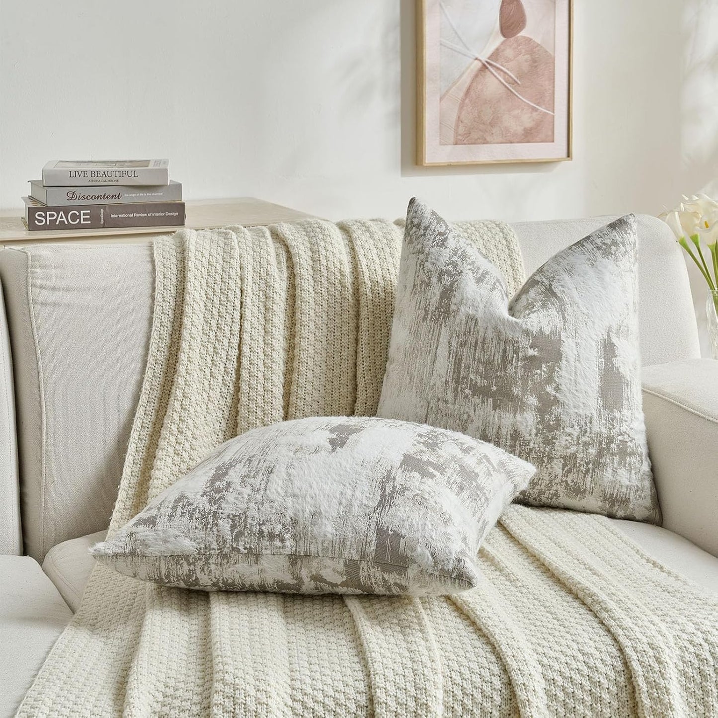 FUTEI Grey White Decorative Throw Pillow Covers 20x20 Inch Set of 2,Soft Faux Cashmere Jacquard - Textured & Cozy Cushion Case,Modern Home Decor for Couch Bed Living Room