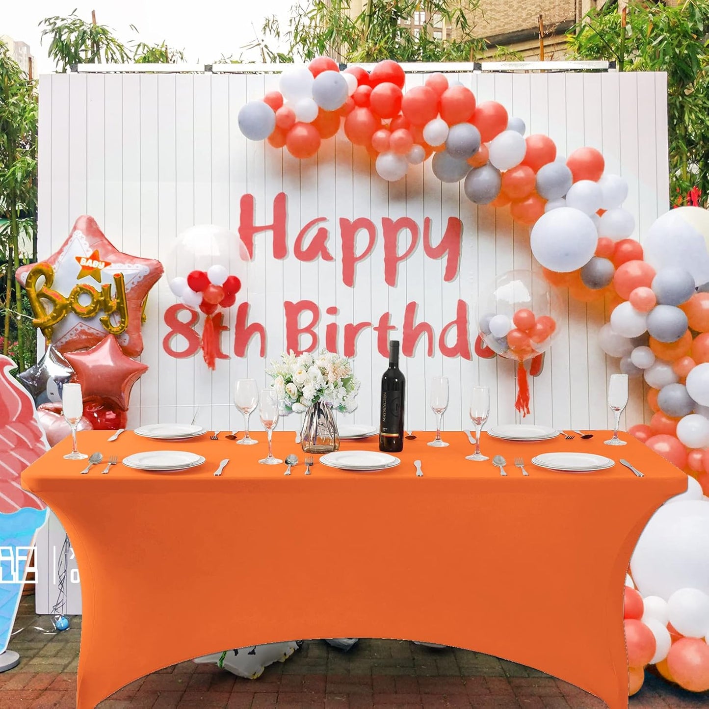 SuperO 2Pack Waterproof Spandex Table Cover for 8FT Table Universal Fitted Stretch Tablecloth for Party, Banquet, Wedding and Events-Orange