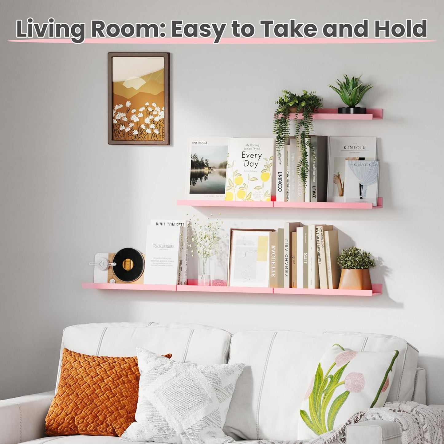 upsimples Pink Shelves for Wall, Pink Room Decor for Teen Girls, Bedroom, Living Room, Game Room, 6 Pack Wall Mounted Wood Shelves for Picture, Plants