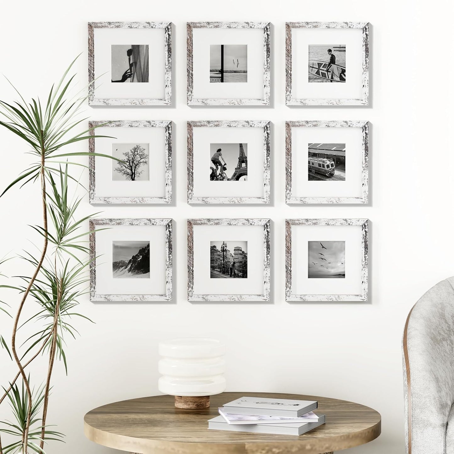 Vittanly 8x8 Picture Frames Set of 9, Shatter Resistant Plexiglass, Display 4x4 Pictures with Mat or 8x8 without Mat, Photo Frames for Wall Mount, Engineered Wood, Distressed White