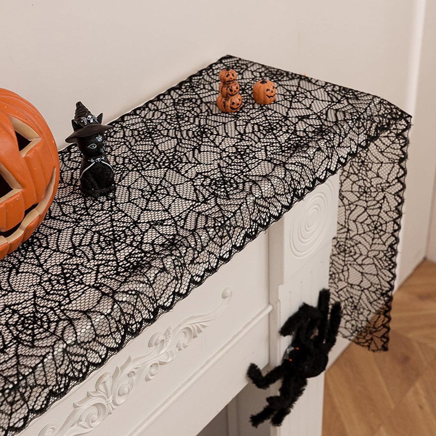 Halloween Spiderweb Lace Table Runners Black Cobweb Designs Table Cover Flag Halloween Tabletop Centerpieces & Fireplace Mantel Decorations for Autumn Home Indoor Party Decor
