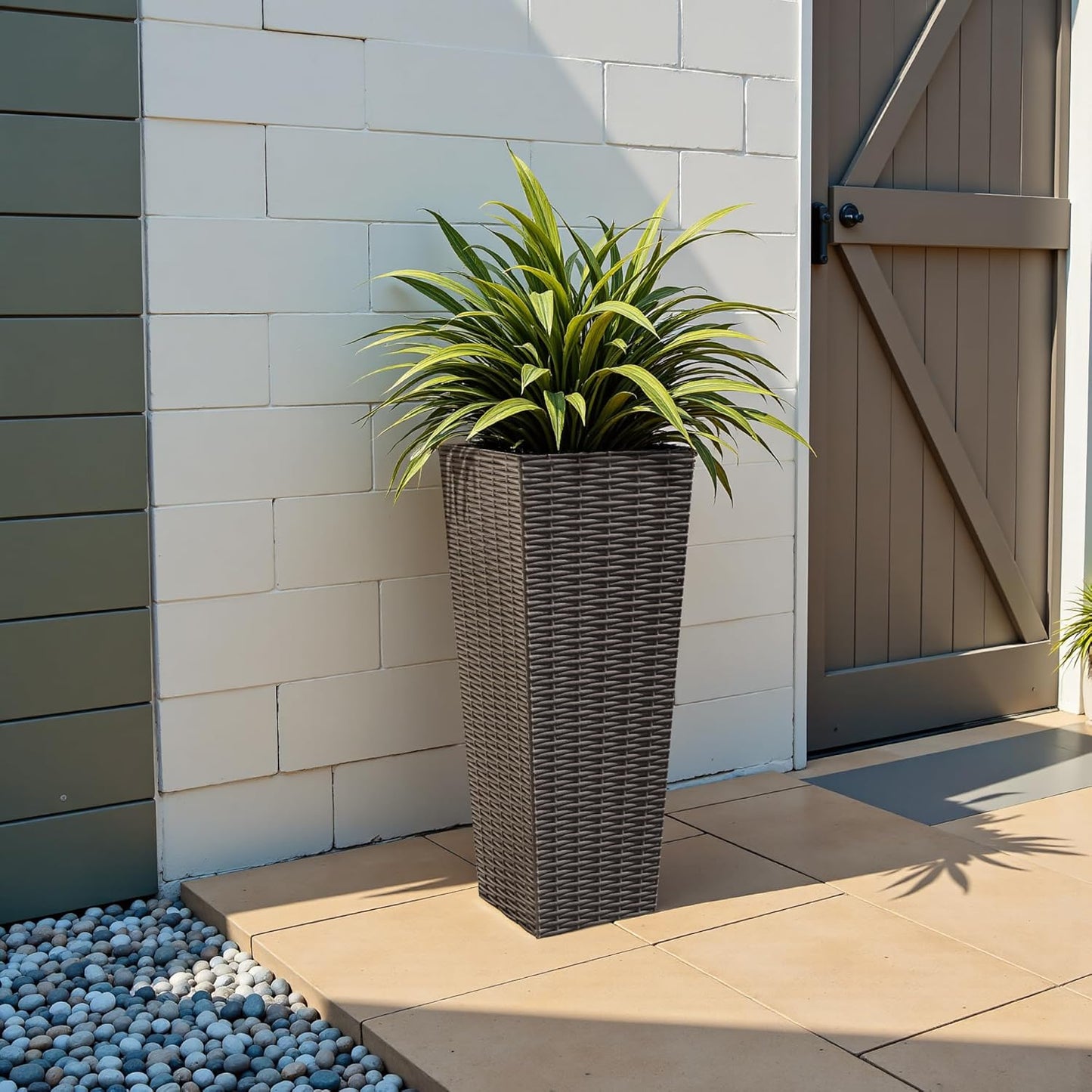 JUMMICO Set of 2 Resin Rattan Tall Planters for Outdoor Plants, Large Tapered Planters with Drainage Holes&Inner Trays, Flower Pots for Garden, Patio, Porch, Backyard (Brown, 24'')