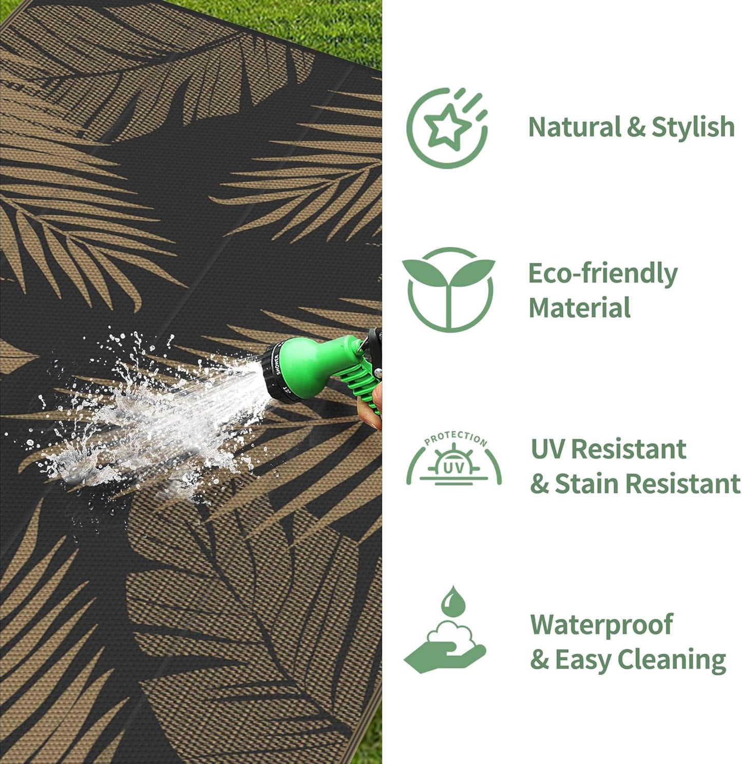 GENIMO Outdoor Rug 9' x 12' Waterproof for Patios Clearance, Reversible Outdoor Plastic Straw Camping Rug Carpet, Large Area Rugs Mats for RV, Camper, Deck, Balcony, Porch, Beach, Picnic, Black&Brown