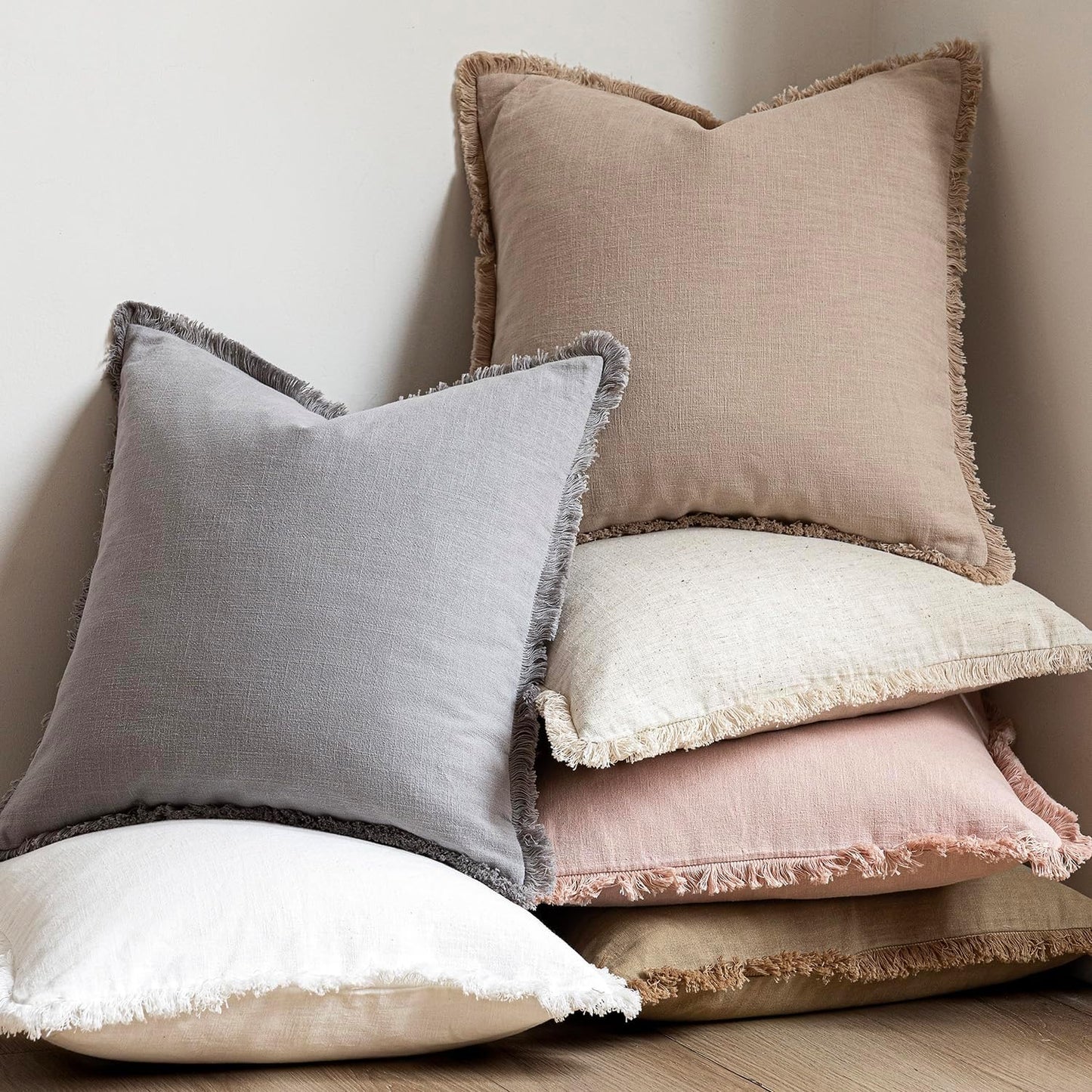 Foindtower Set of 2 Decorative Cozy Farmhouse Cushion Cover Linen Fringe Throw Pillow Covers with Tassels for Couch Sofa Bed Living Room Home Decor,26×26 Inch,Tan Beige