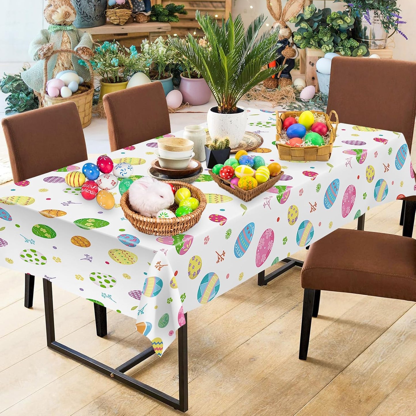 2 Pack Easter Tablecloth - Colorful Easter Eggs Table Cloth, Plastic Disposable Rectangle Spring Easters Egg Table Cover for Easters Tables Decorations and Party Supplies Decor Favors, 108 x 54 Inch