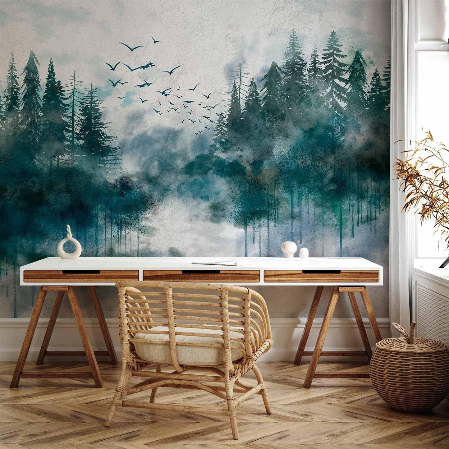 artgeist Wall Mural Forest 216x98 in - XXL Non-Woven Corner Wallpaper Fleece Angle Wall Decor Photo Print Picture Image Design Modern Landscape Nature Tree Aquarella c-A-10022-a-a