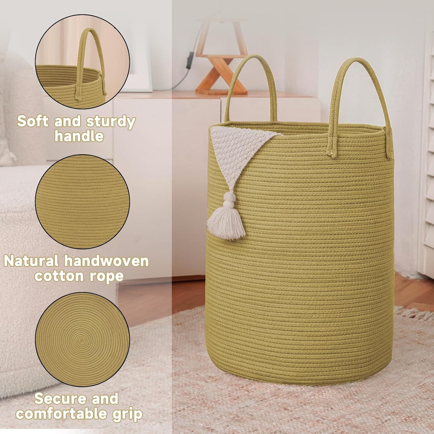 Large Woven Laundry Basket Hamper,60L Cotton Rope Storage Bin for Blankets,Toys and Clothes,Decorative Tall Nursery Hamper for Living Room,Baby Nursery,Bathroom and Bedroom,Jute