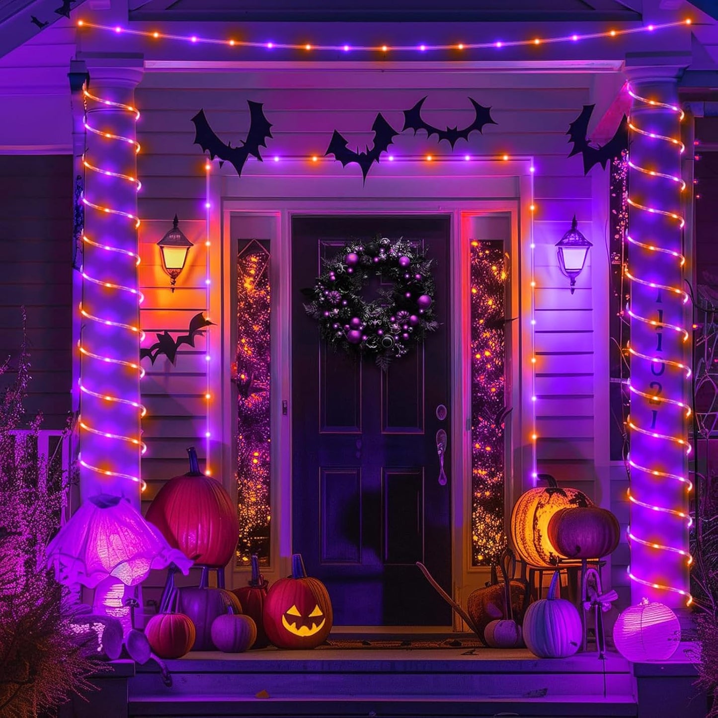 Purple Orange Halloween Lights, 66FT 200 LED Rope Lights for Outside Waterproof with 8 Modes, Connectable Tube String Lights for Indoor, Garden, Backyard, Patio, Deck, Pool, Tree Decorations