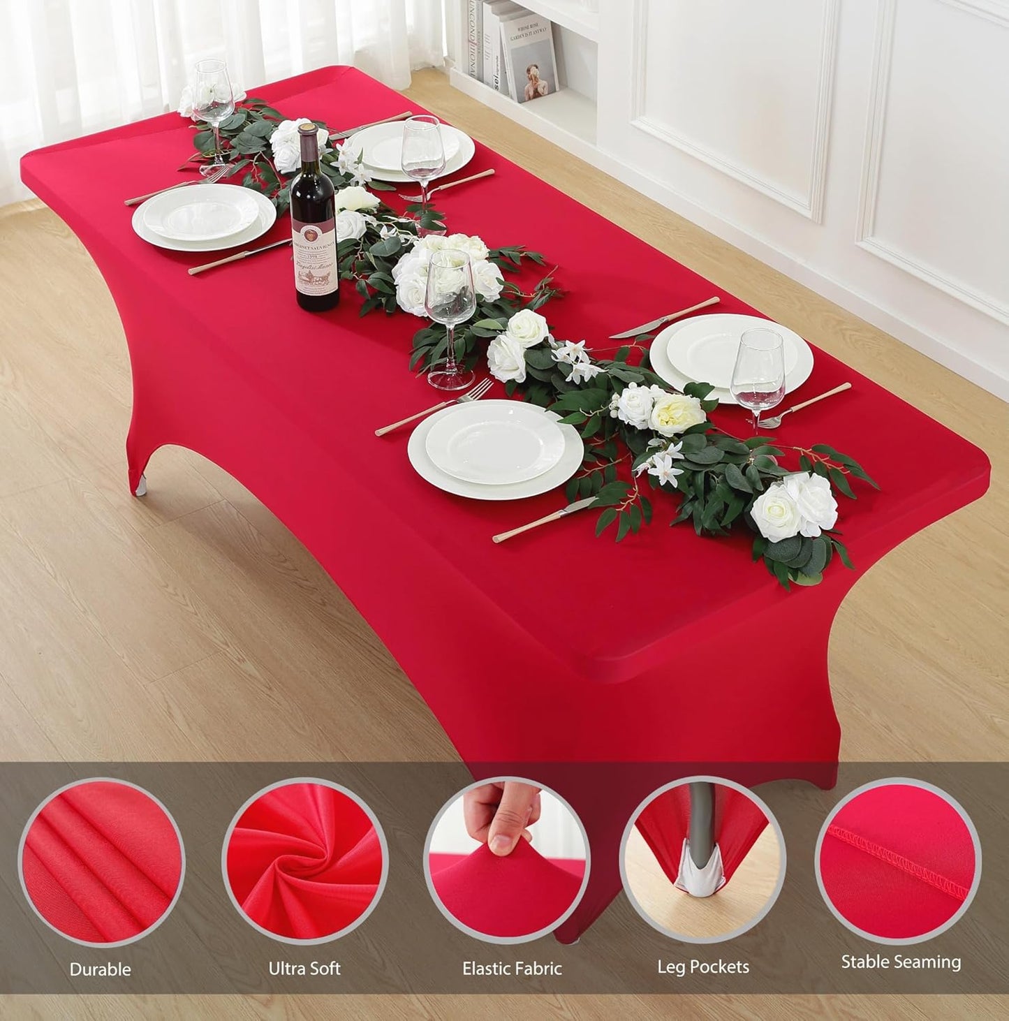 Craft And Party 2 Pack 8ft Red Spandex Tablecloth – Fitted Stretch Cover – Universal Fit for Folding Tables – Wrinkle-Free, Washable – Ideal for Parties, Weddings, Events