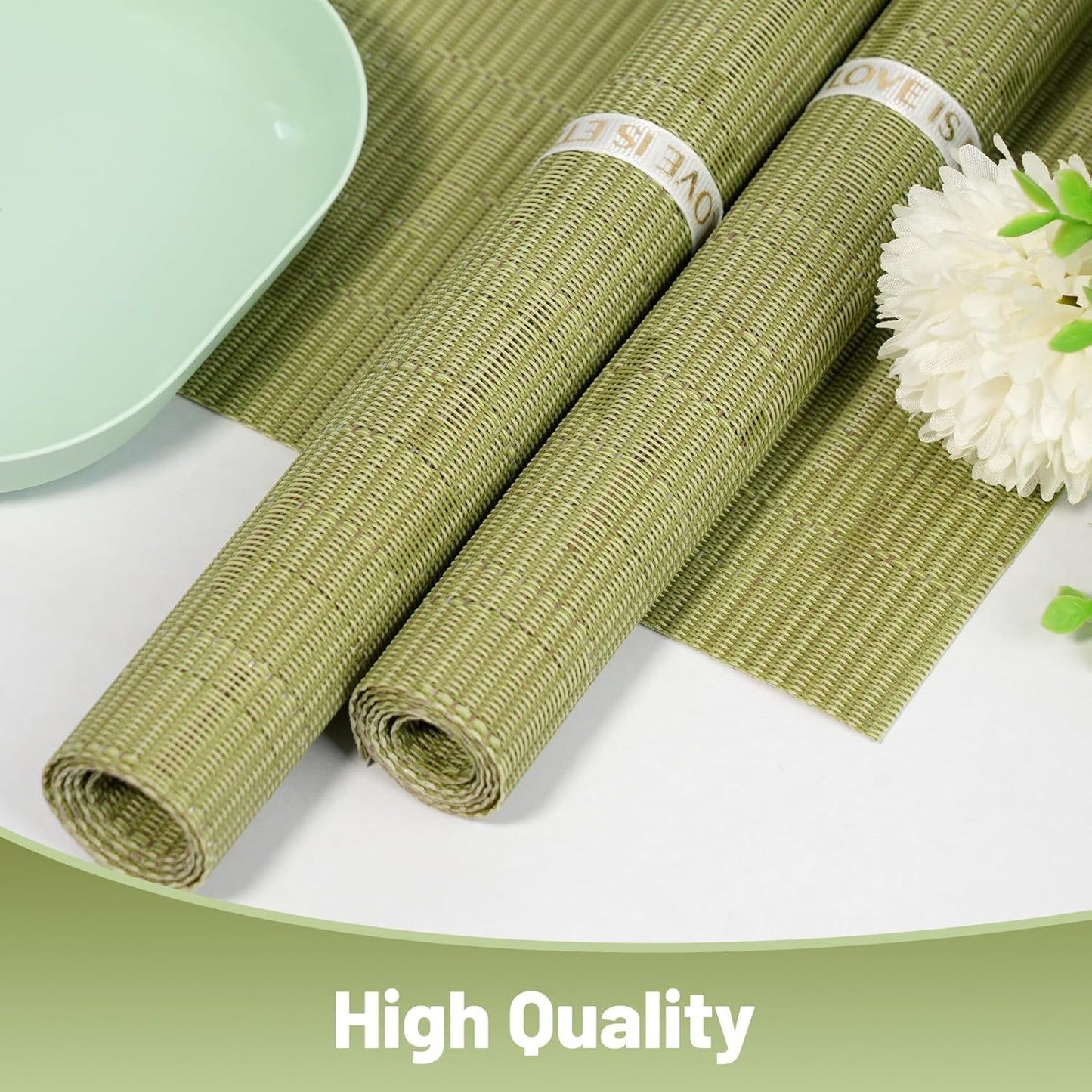 Placemats Set of 8,Non-Slip PVC Weave Table Mats Easy to Clean,Heat Resistant Place Mats for Kitchen Dining Table Decoration Indoor Outdoor,Pea Green