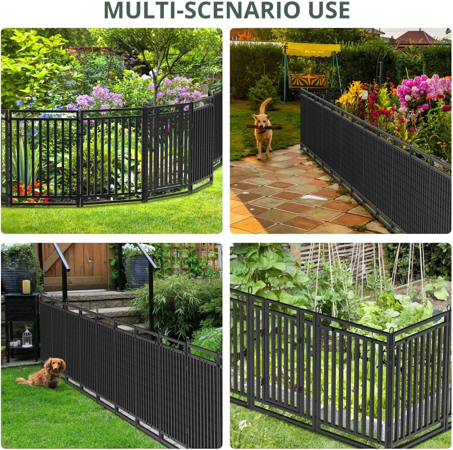 Decorative Garden Fence Metal Dog Fence Outdoor for Yard, 110ft (L) × 40in (H), 42 Panels + 6 Gates, Heavy Duty Animal Barrier Fencing for Patio & Flower Bed, No Dig, Black-Silver
