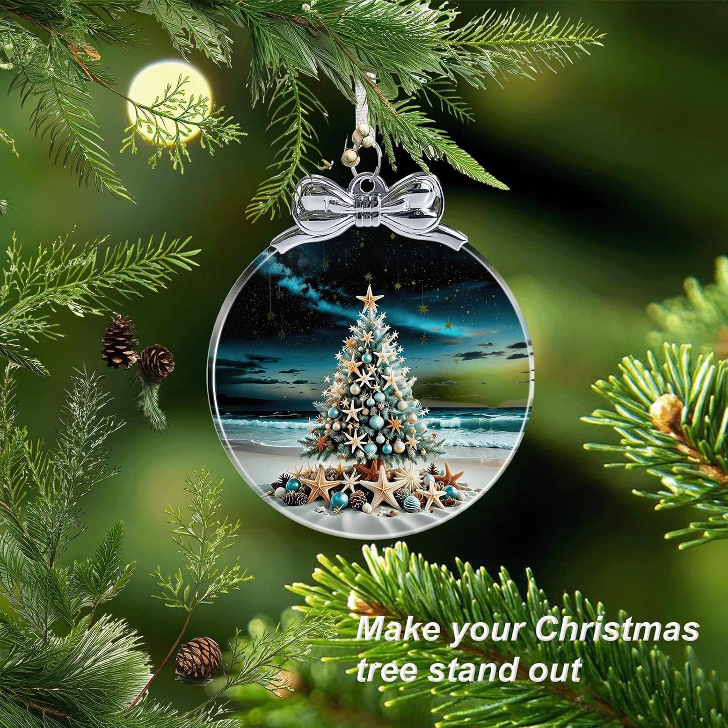 Seaside Christmas Tree Stained Glass Christmas Ornament - Hanging Ornaments for Christmas Tree Decorations - Holiday Keepsake Present Exchange Idea