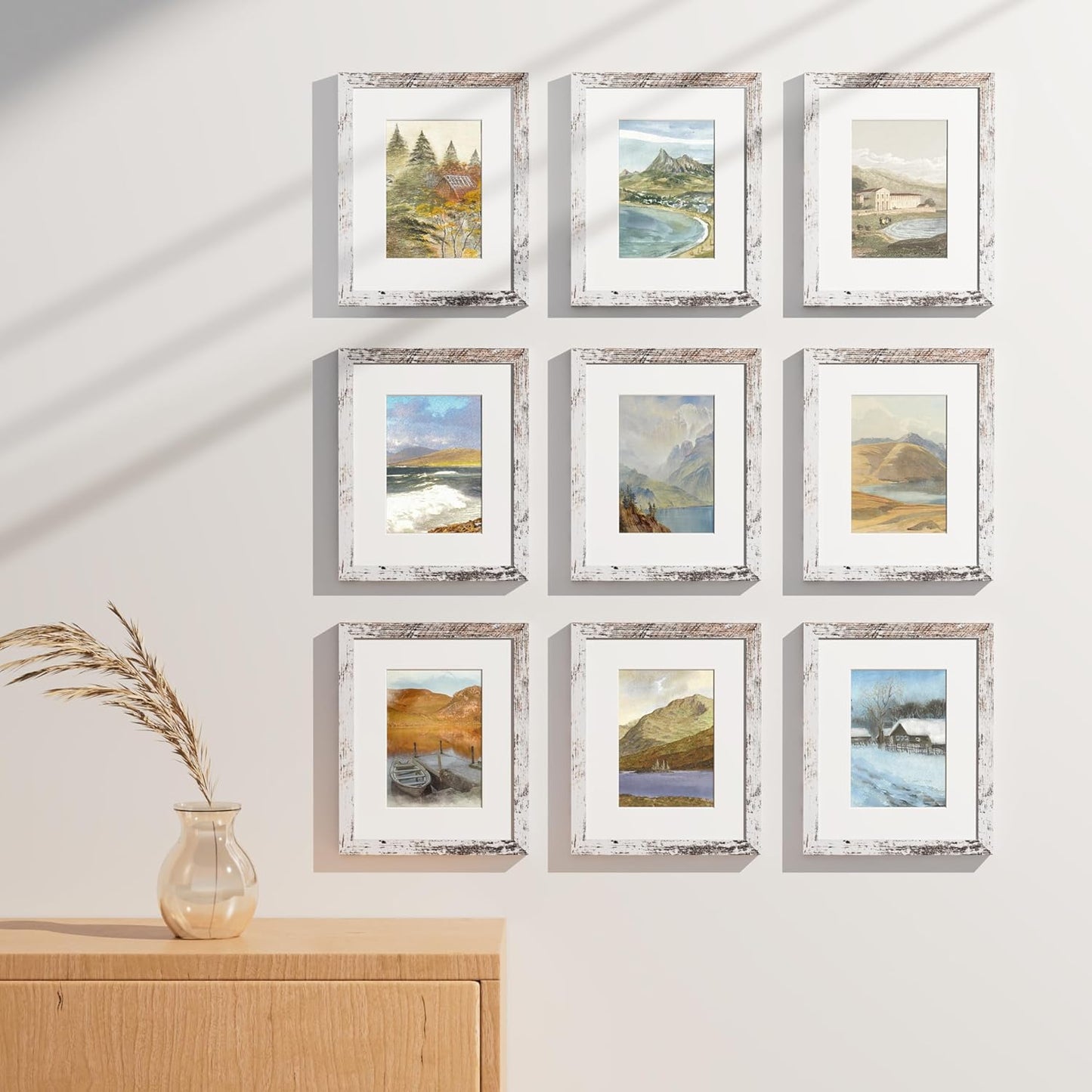 Vittanly 8x10 Picture Frames Set of 9, Shatter Resistant Plexiglass, Display 5x7 Pictures with Mat or 8x10 without Mat, Photo Frames for Wall or Tabletop, Engineered Wood, Distressed White