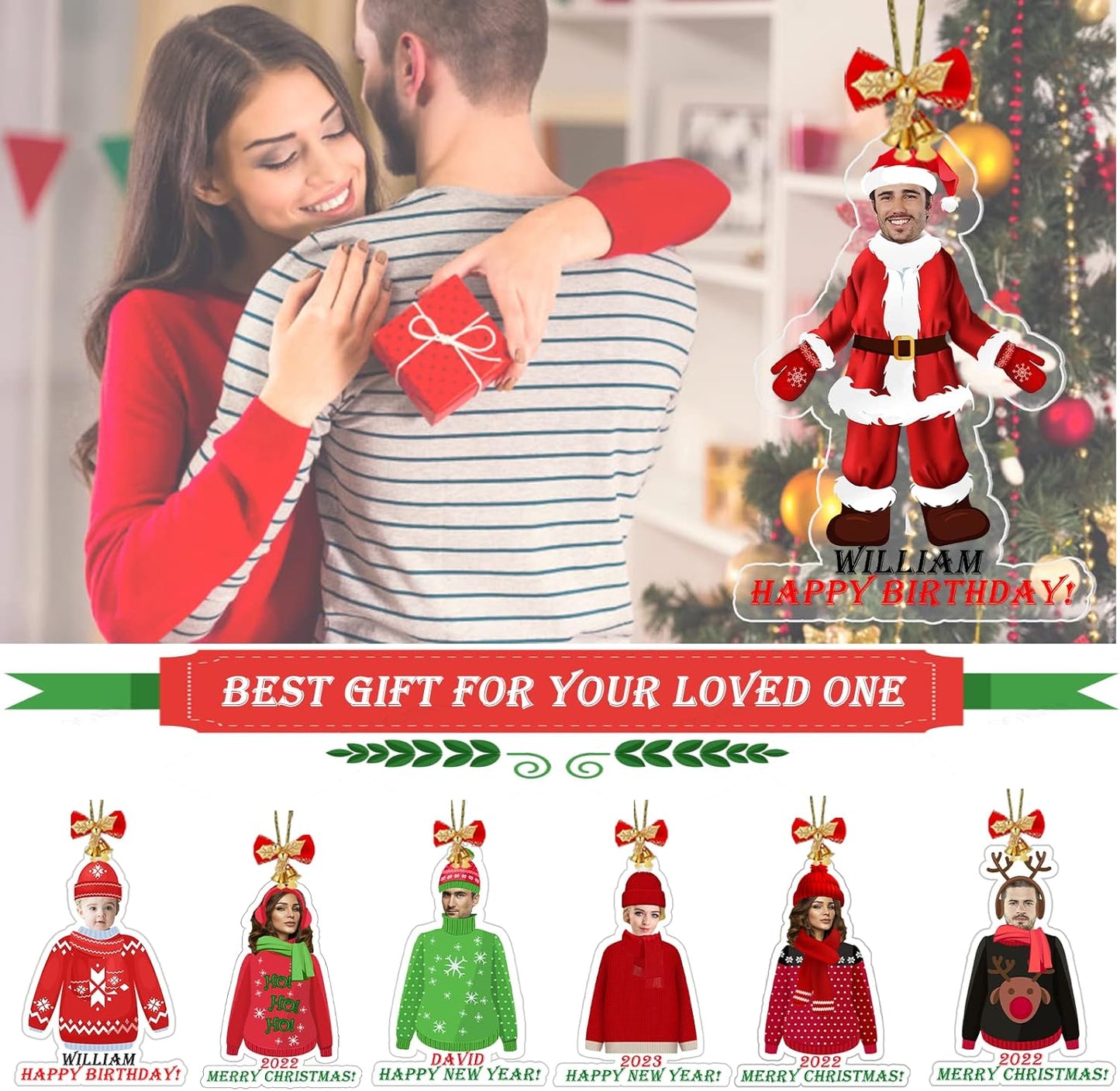 Personalized Christmas Ornament 2025 with Your Photo, Custom Face Ornament 2D Photo Acrylic for Xmas Tree Decoration Holiday Family Car Decor Gifts