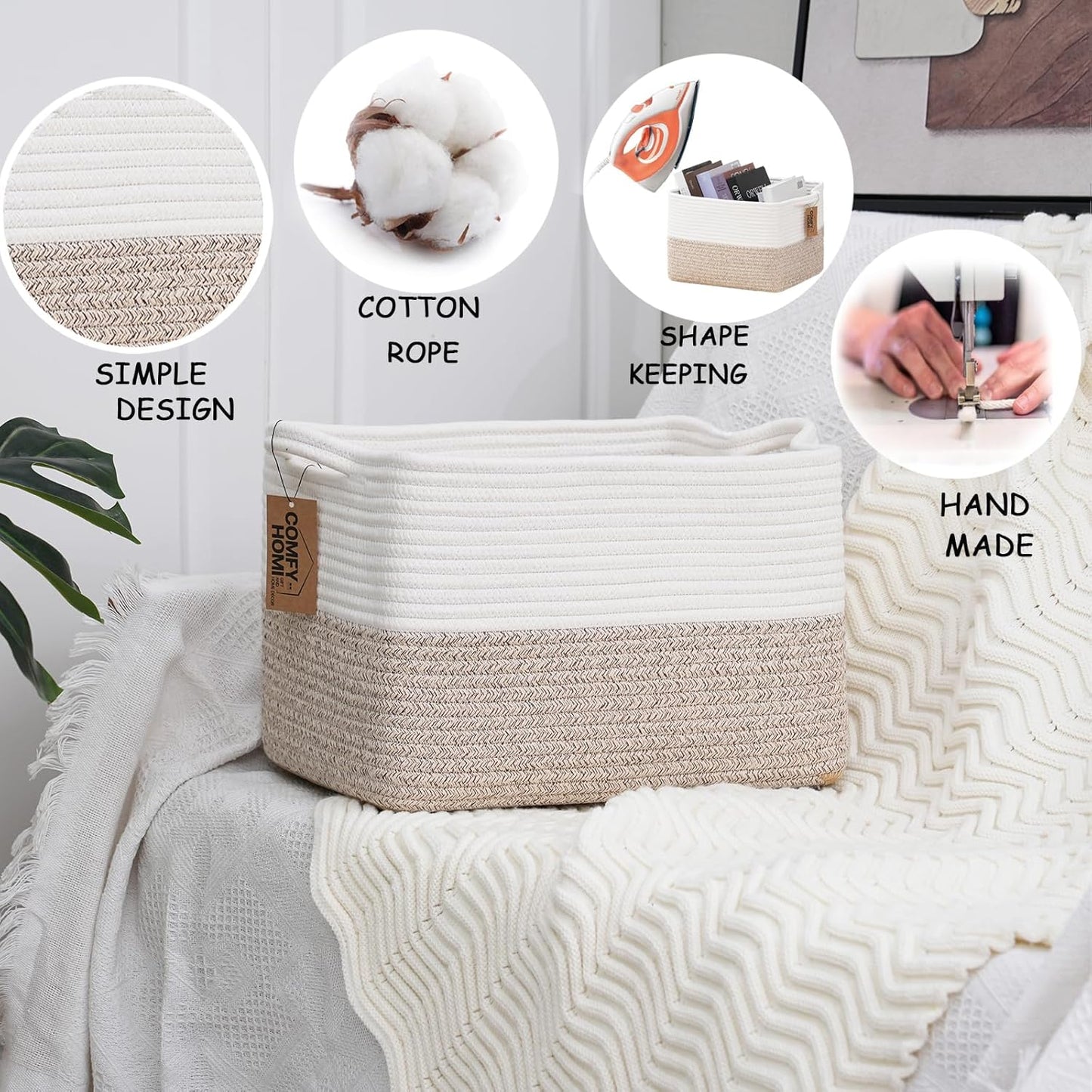 COMFY-HOMI Cotton Rope Woven Basket with Handles for Shelves,Toys,Book, Cloth Storage Baskets for Organizing-13.5" x 11" x 9.5" Toy Decorative Organizer for Living Room, Bathroom (White/Brown)