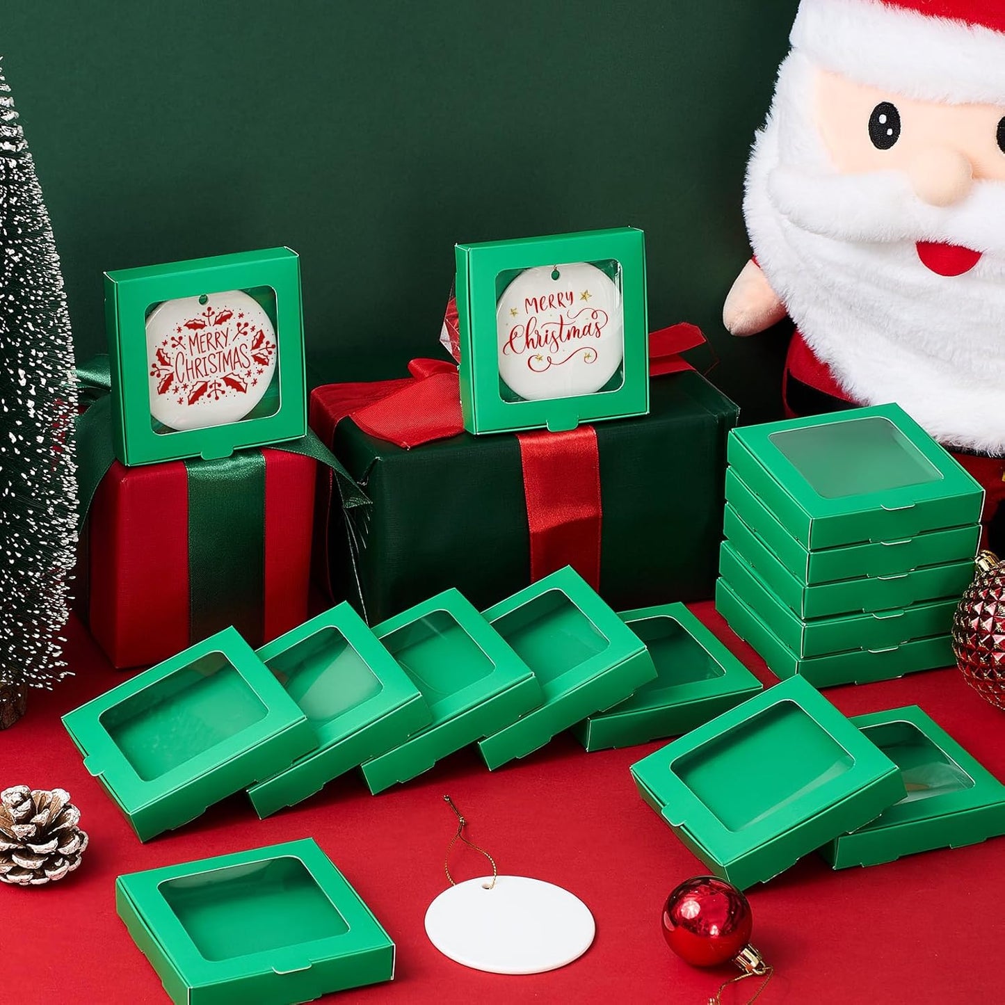 25 Pcs Sublimation Ornament Blanks Box 3.6"x3.6"x0.7" Christmas Ornaments Holder Ceramic Discs Packaging Box with Window for Personalized Xmas Tree Blanks Bulk (Green)