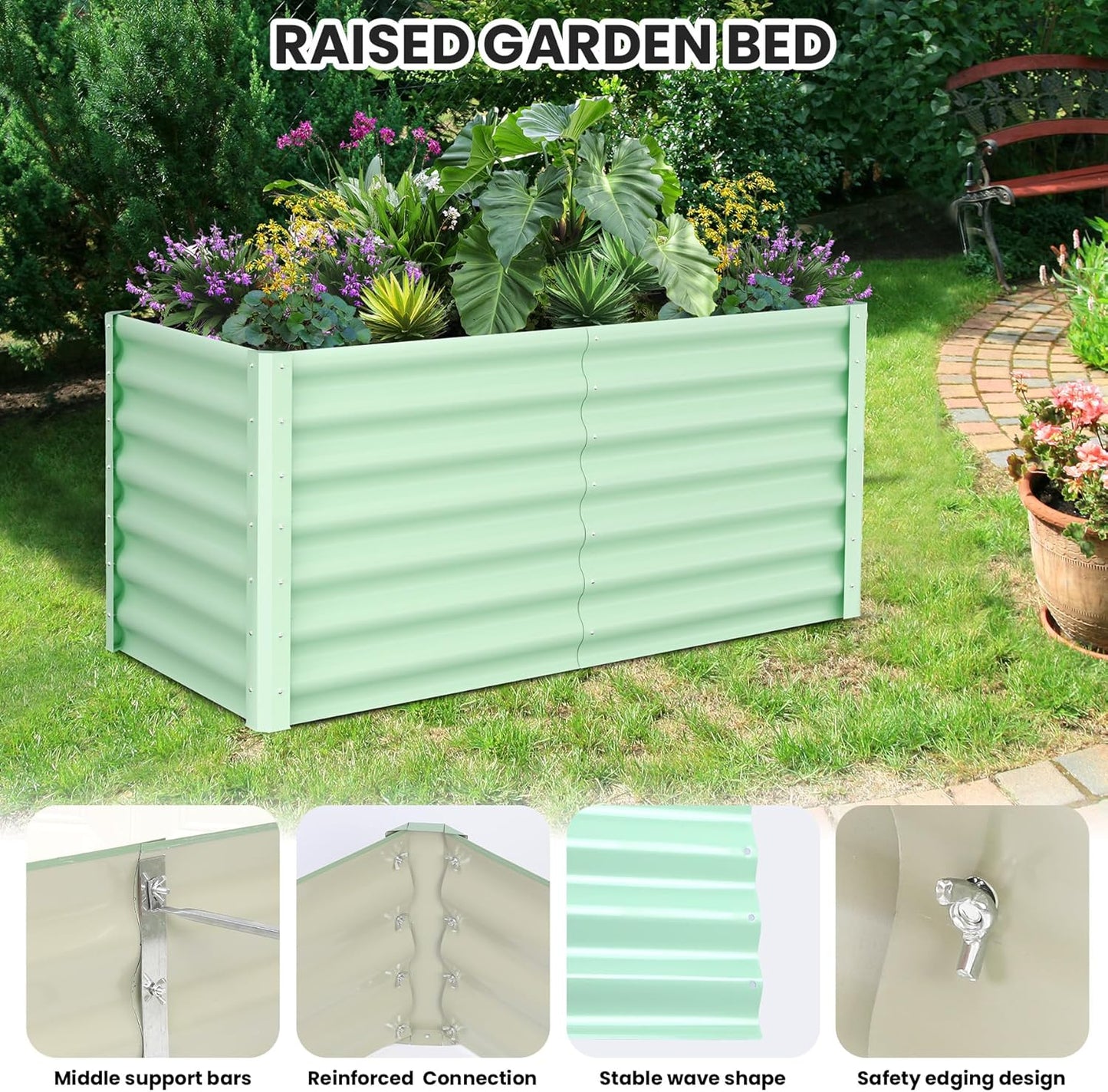 Galvanized Raised Garden Bed Outdoor, 2 Pcs 6x3x2FT Outdoor Large Planter Raised Beds Open Base with Safety Edge and Glove for Vegetables Flowers Ground Planter, Green