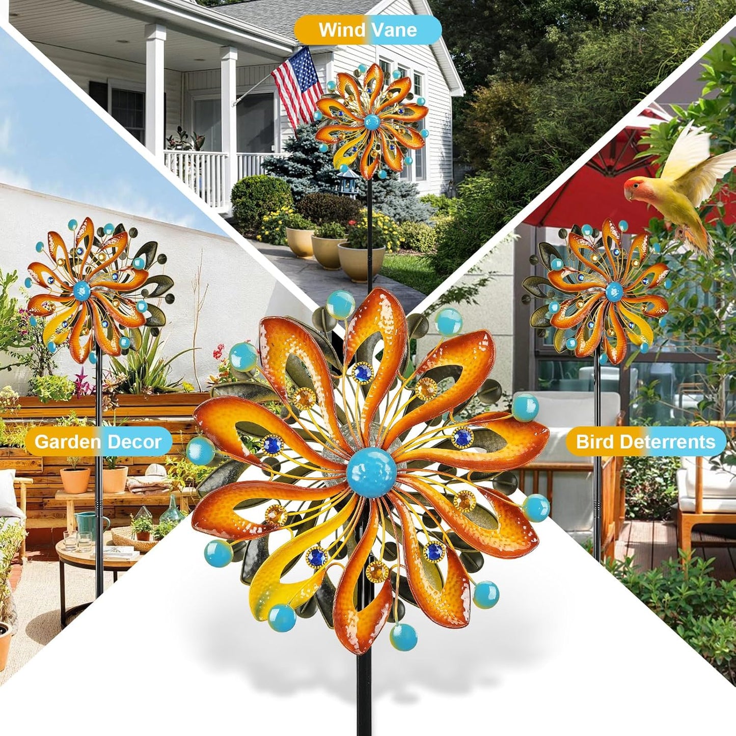 Wind Spinners for Yard and Garden - Wind Sculptures & Spinners 75 in Garden Kinetic Art with Solar Powered Multi-Color Glass Ball Light - Gradient Brown