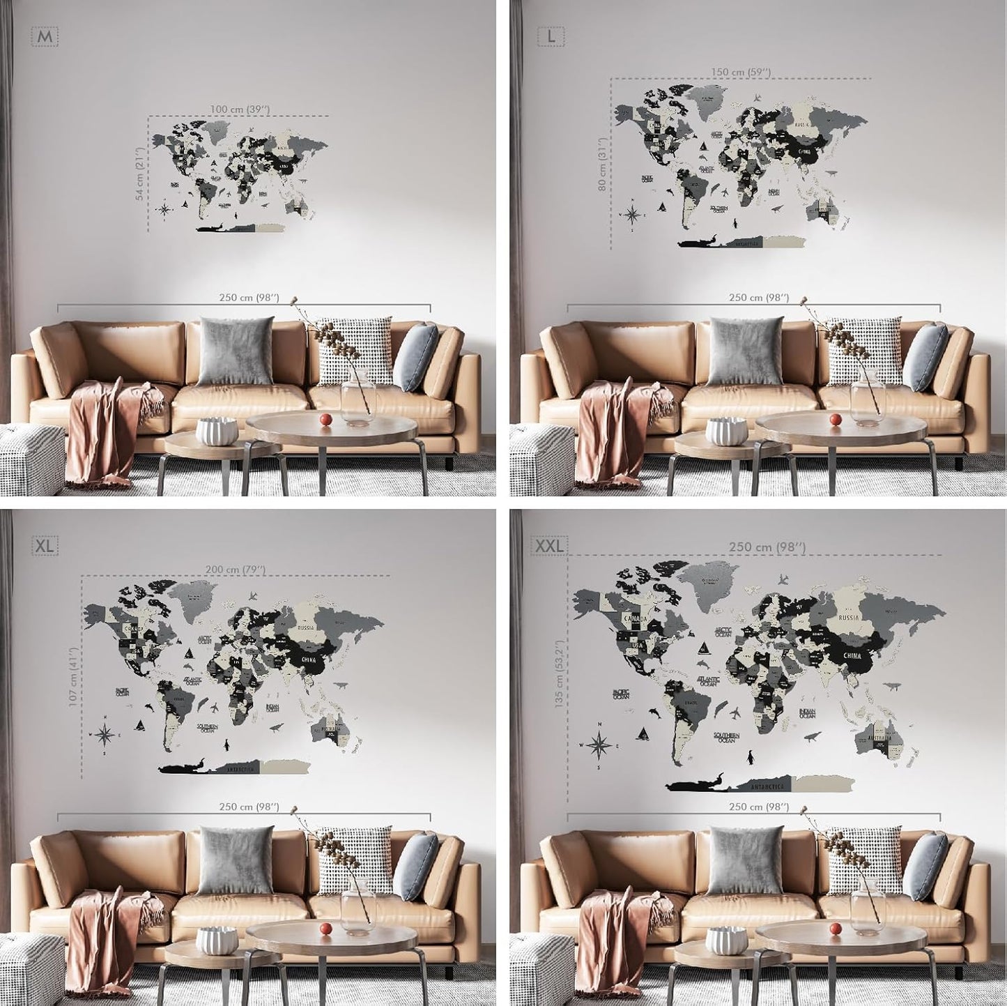 Colorfull Worlds 3D Wooden World Map Wall Art | Unique Wall Decor with Pins for Travel Enthusiasts | Home and Office Wall Décor | Grey | Medium