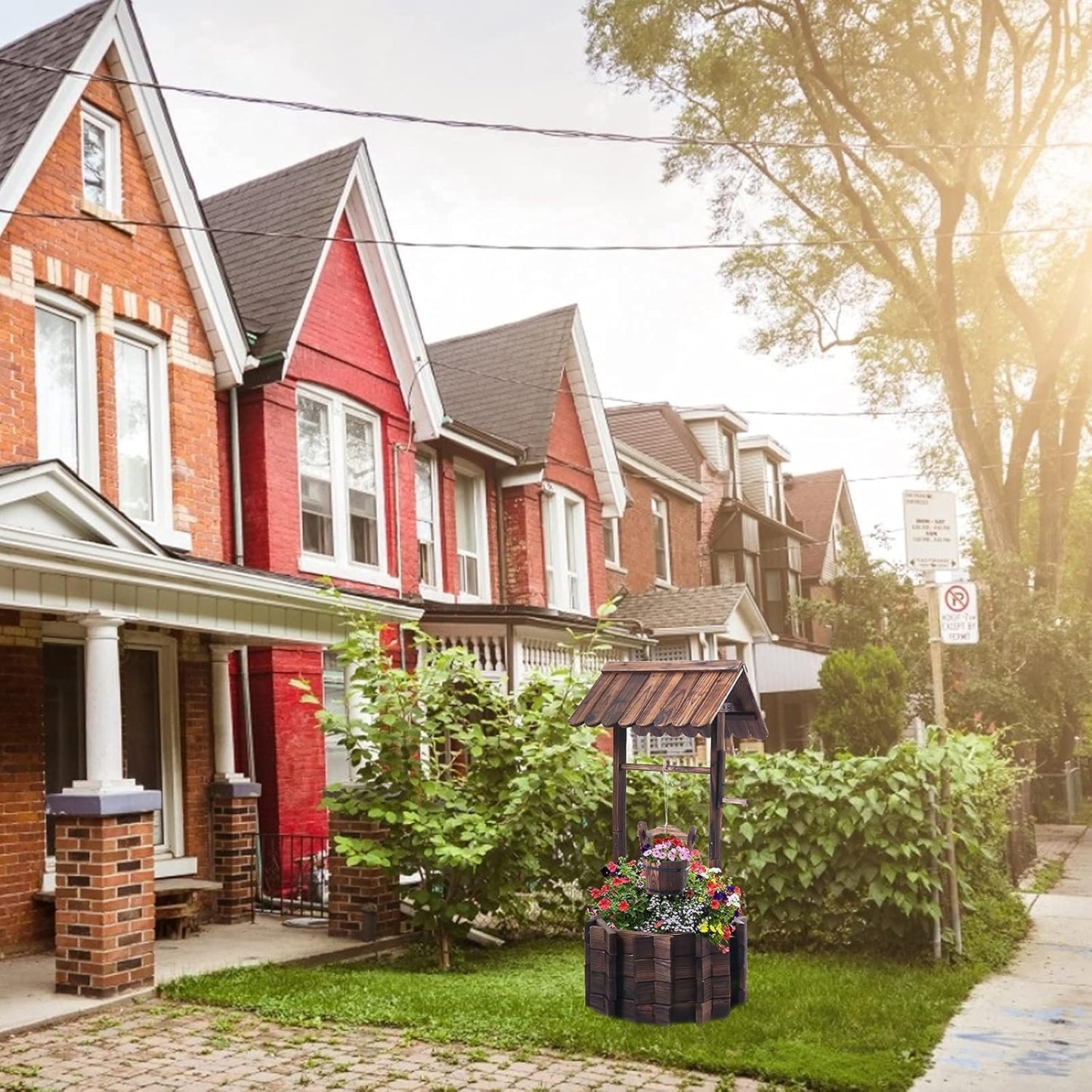 Garden Wooden Decor Rustic Wishing Well Planter Outdoor Home Décor for Patio, Upgrade Wishing Well Garden, Yard Hanging Bucket Patio Lawn Backyard Home Decor