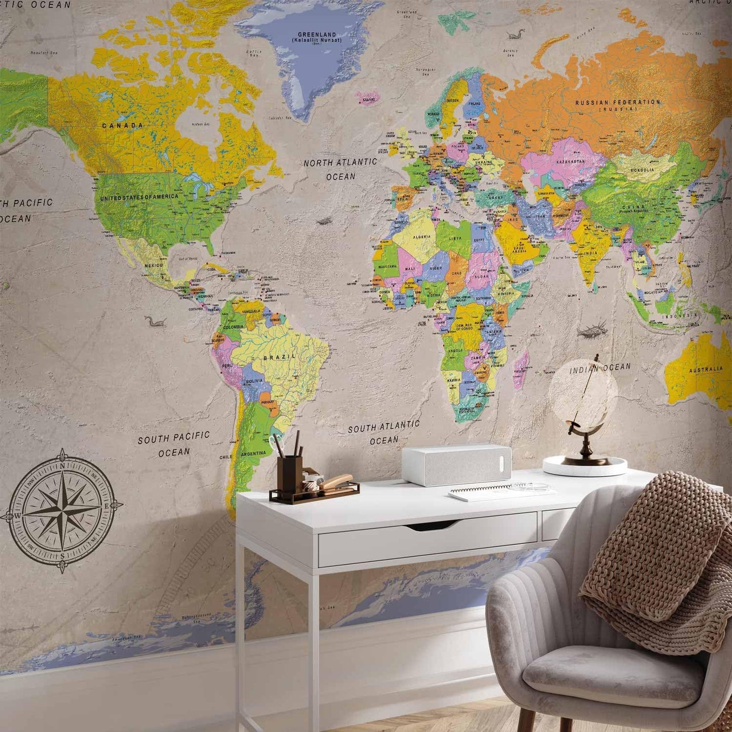 artgeist Premium Wall Mural World Map 177x124 in - XXL Non-Woven Wallpaper Fleece Wall Decor Photo Print Picture Image Design Home Map of The World k-A-0129-a-a