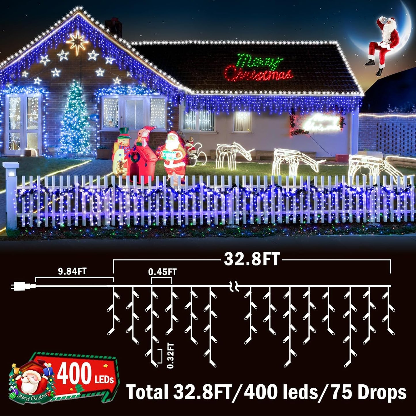KNONEW Christmas Lights Outdoor Decorations 400 LED 33ft 8 Modes Curtain String Light with 75 Drops, Clear Wire LED Fairy Light Indoor Decor for Wedding Party Christmas Decorations(Blue)