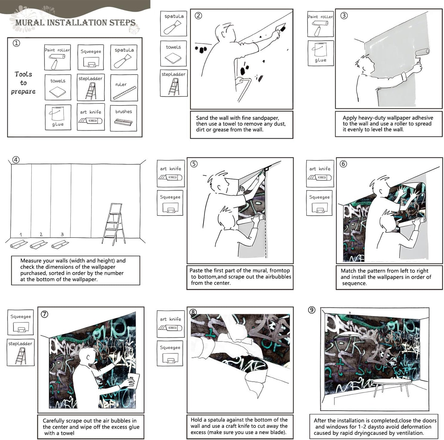 AFZEVEB-Black and White Art Graffiti Wallpaper Wall murals for Bathroom 159"x107" (Not Peel and Stick)