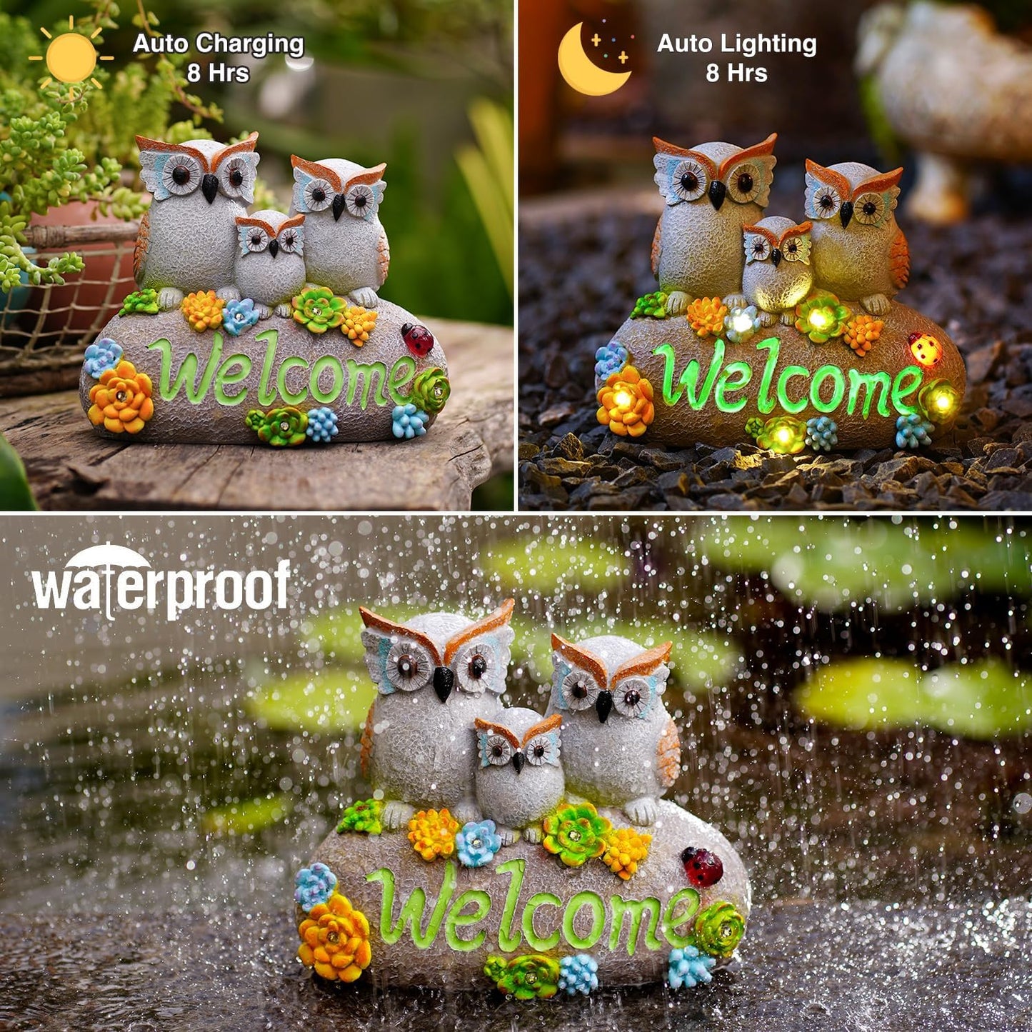 Nacome Solar Owl Statues for Garden Decor: Welcome Sign Outside Lawn for Patio/Balcony/Yard Art/Lawn Ornament House Warming Gifts for Mom/Women