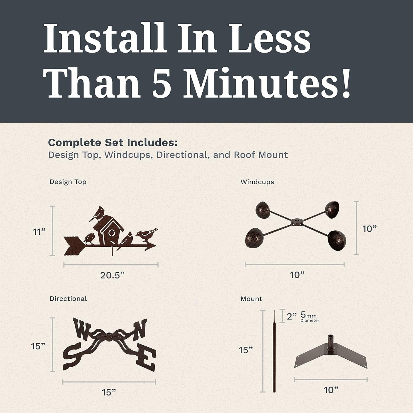 EZ Vane Birdhouse Weathervane — Roof Mount, Wind Cups, Antique Copper Finish, Steel with Durable Triple Powder Coating, Handcrafted in USA