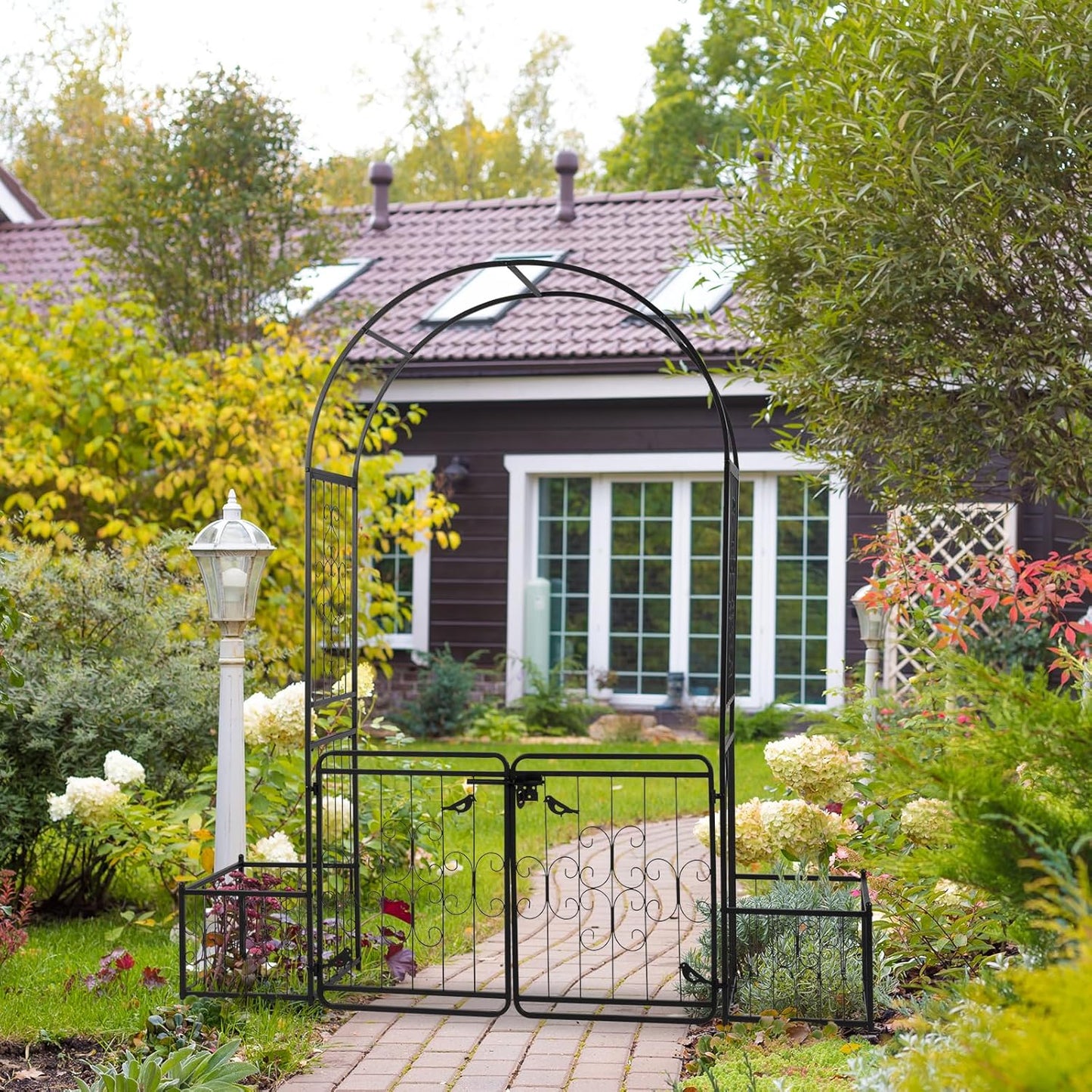 VINGLI Garden Arbor Arch with Gate and Planter Box, Wedding Arch Archway for Ceremony Party, Trellis for Plant Climbing, Christmas Decorations Pergola for Backyard, Lawn, Patio, Yard