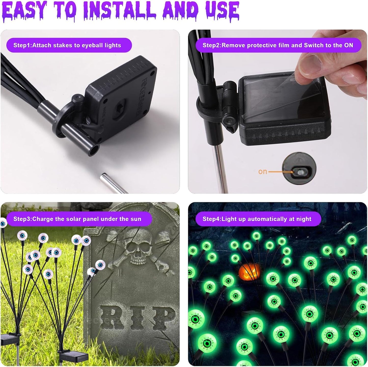 ASMAD Halloween Decorations Outdoor Solar Scary Eyeball Lights, 4Pack 32LEDs Green Eyeball Swaying Firefly Light, Waterproof Halloween Path Lights for Garden/Yard/Patio/Party Decor