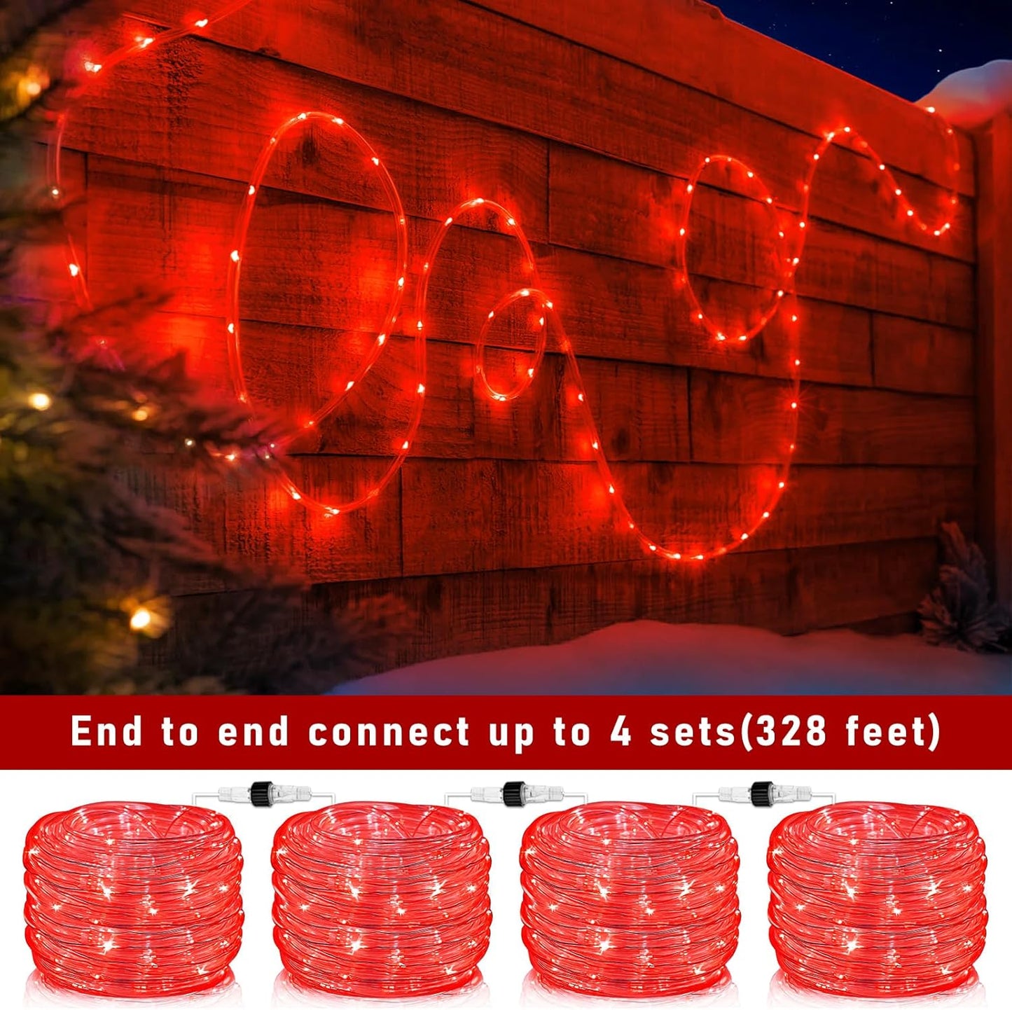 100FT 300 LED Rope Lights Outdoor, Connectable and Flexible Tube Lights with 8 Modes, Waterproof Rope Lighting Indoor for House, Deck, Garden, Backyard, Pool, Patio, Tree Decorations - Red