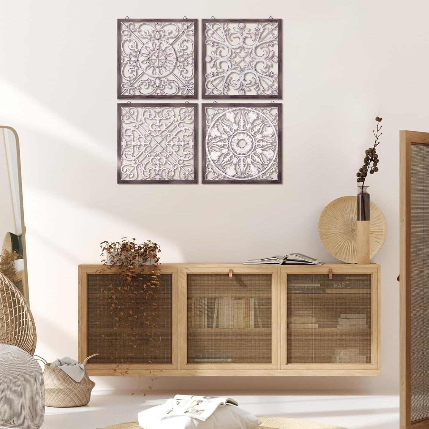 Tatuo 4 Pcs Wood Art Wall Decor Farmhouse Decorative Wood Panels Modern Wall Decor for Living Room Home Kitchen Dining Room(Square,Brown, White)