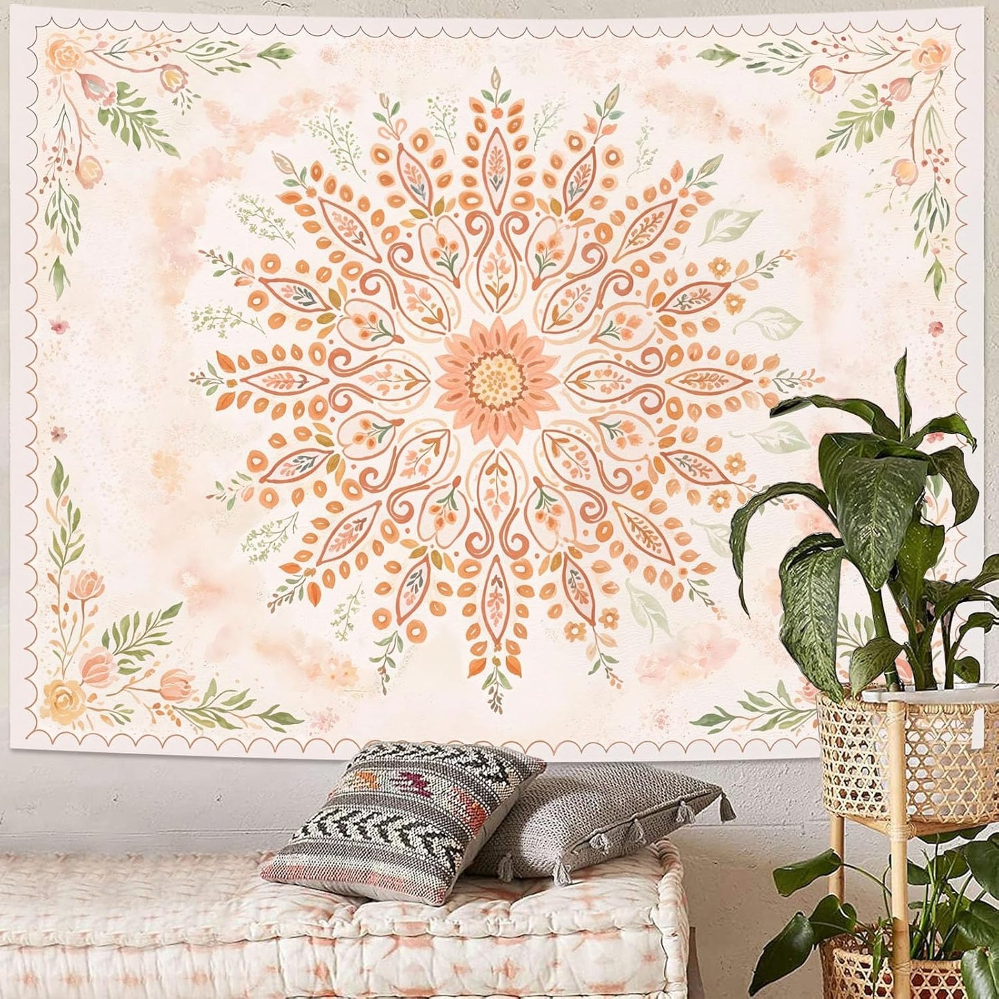 Lunerfex Floral Mandala Tapestry Boho Tapestry for Bedroom Peach Tapestries Wall Hanging Living Room Wall Art and Home Decor 70x90